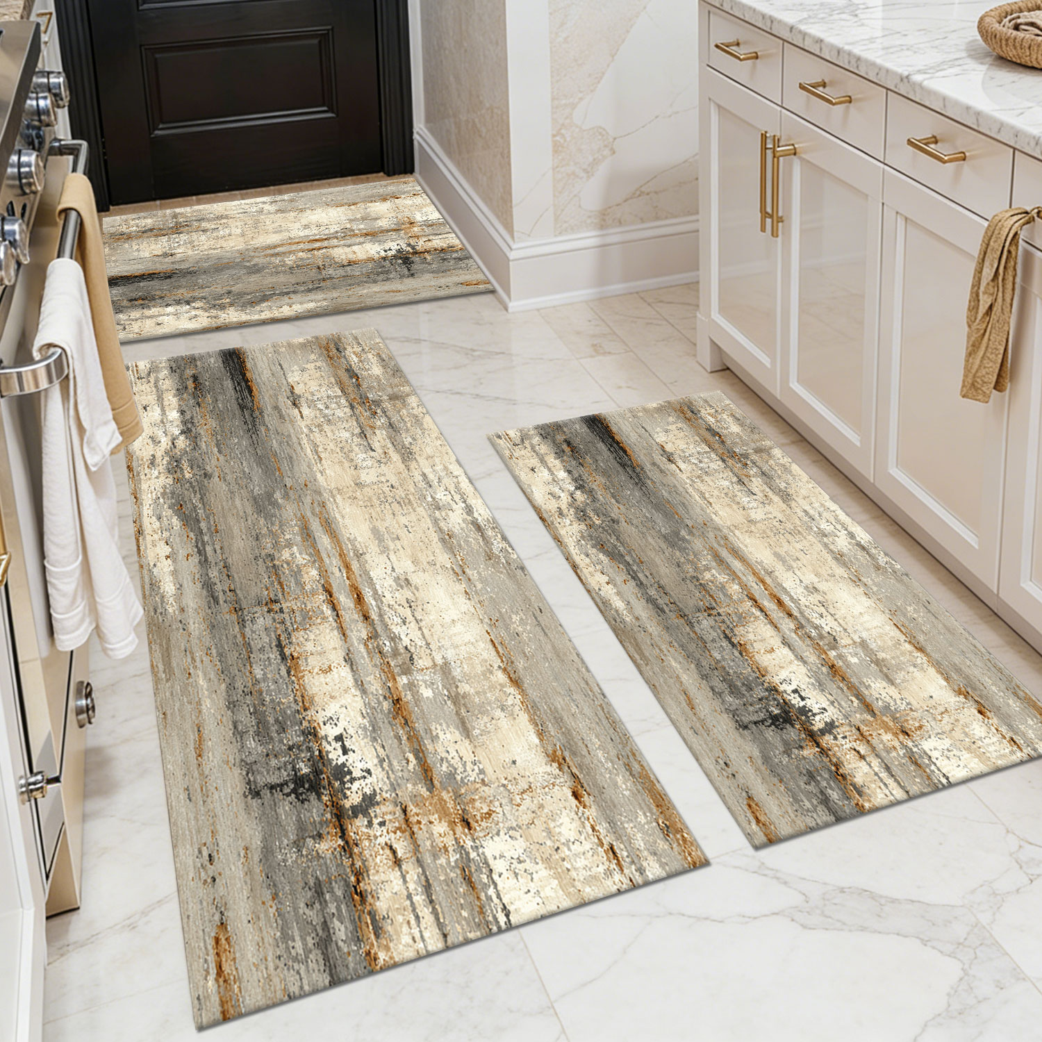 Three-piece kitchen rug set, non-slip and washable, abstract pattern kitchen hallway rug, soft and comfortable, suitable for sinks, floors, entrances, hallways and bathrooms.