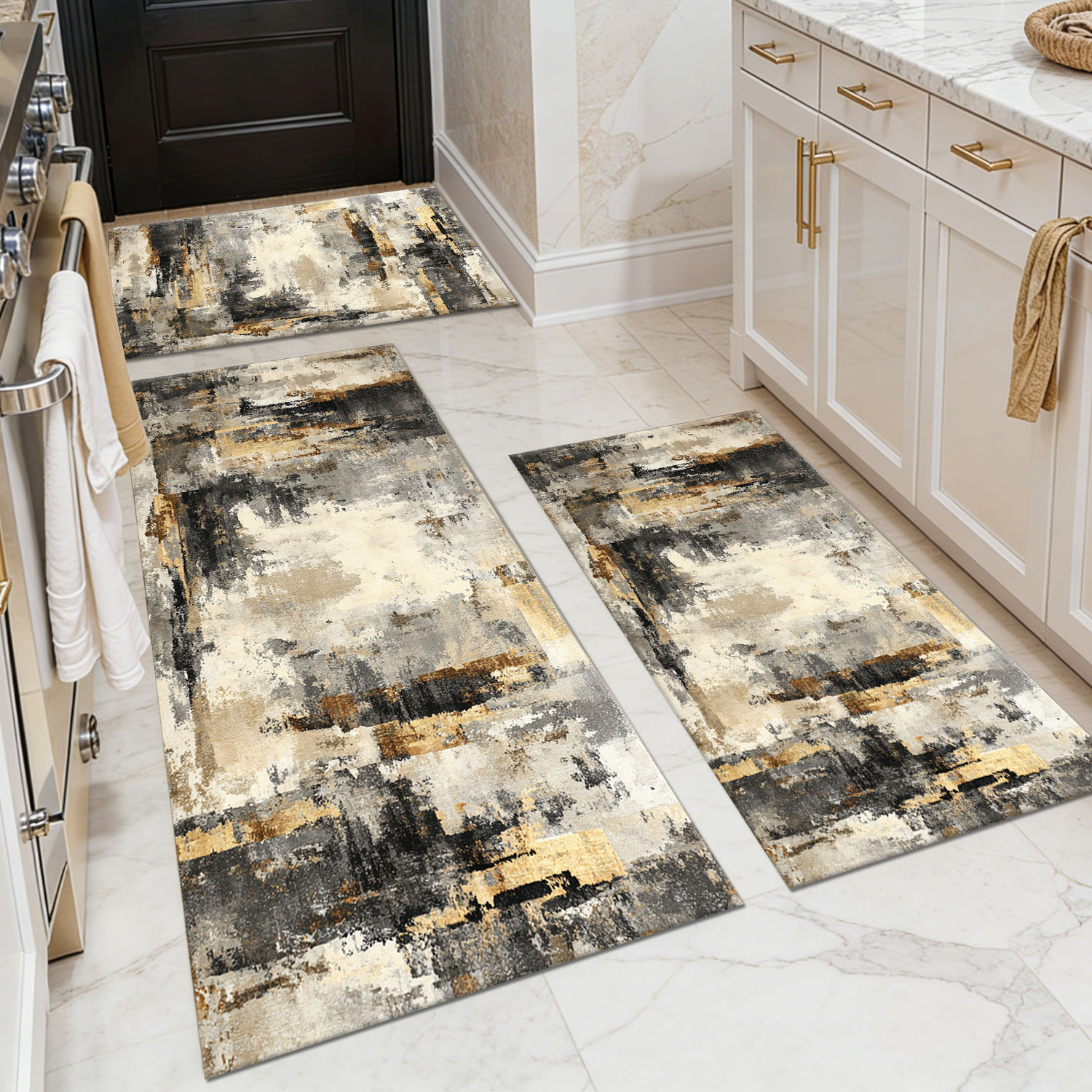 Three-piece kitchen rug set, non-slip and washable, abstract pattern kitchen hallway rug, soft and comfortable, suitable for sinks, floors, entrances, hallways and bathrooms.