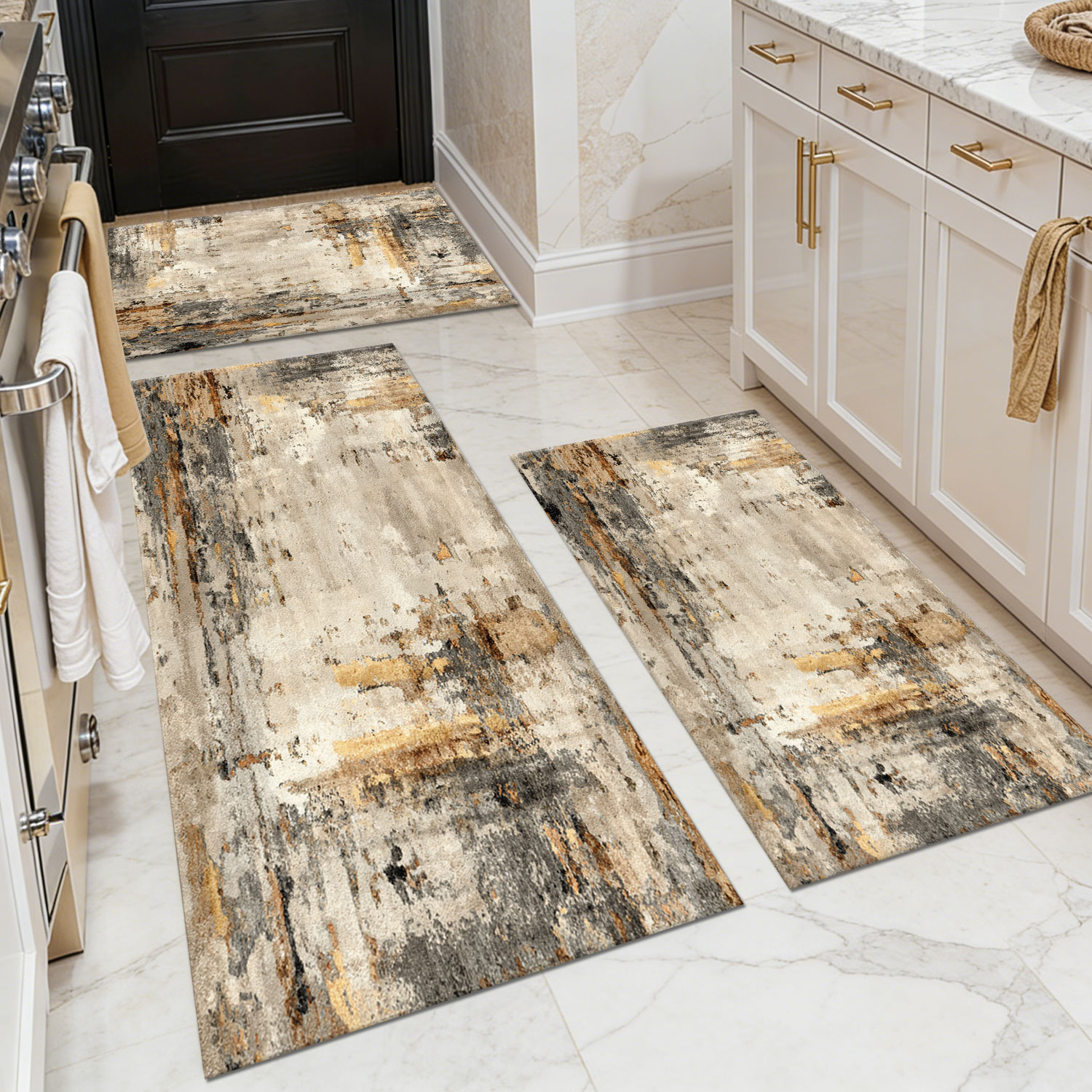 Three-piece kitchen rug set, non-slip and washable, abstract pattern kitchen hallway rug, soft and comfortable, suitable for sinks, floors, entrances, hallways and bathrooms.