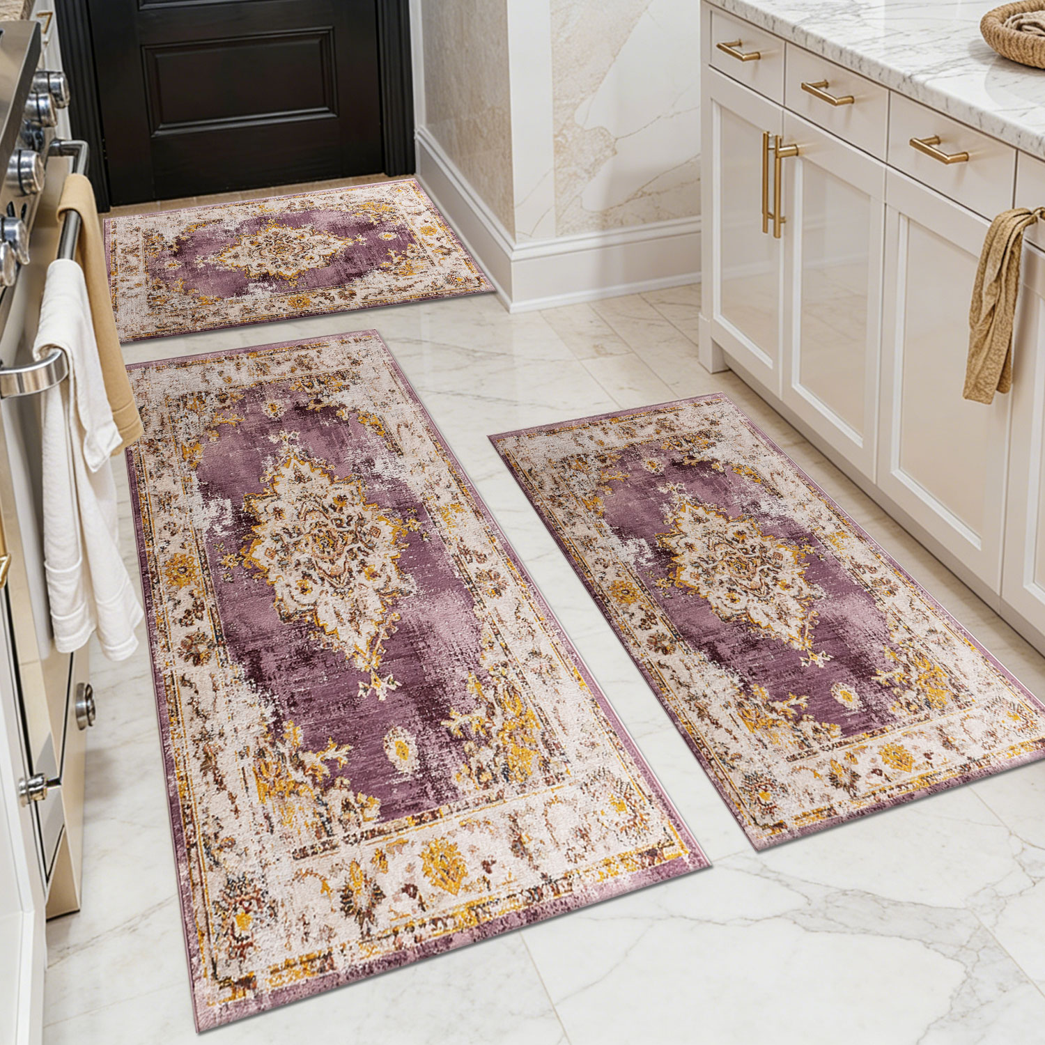 Three-piece kitchen rug set, non-slip and washable, abstract pattern kitchen hallway rug, soft and comfortable, suitable for sinks, floors, entrances, hallways and bathrooms.