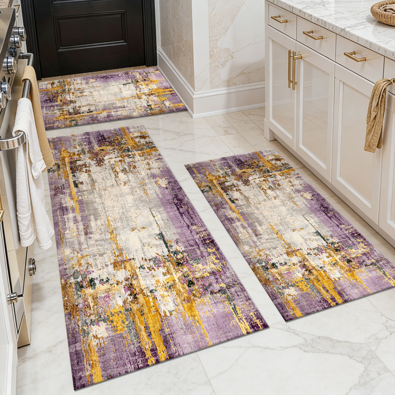 Three-piece kitchen rug set, non-slip and washable, abstract pattern kitchen hallway rug, soft and comfortable, suitable for sinks, floors, entrances, hallways and bathrooms.