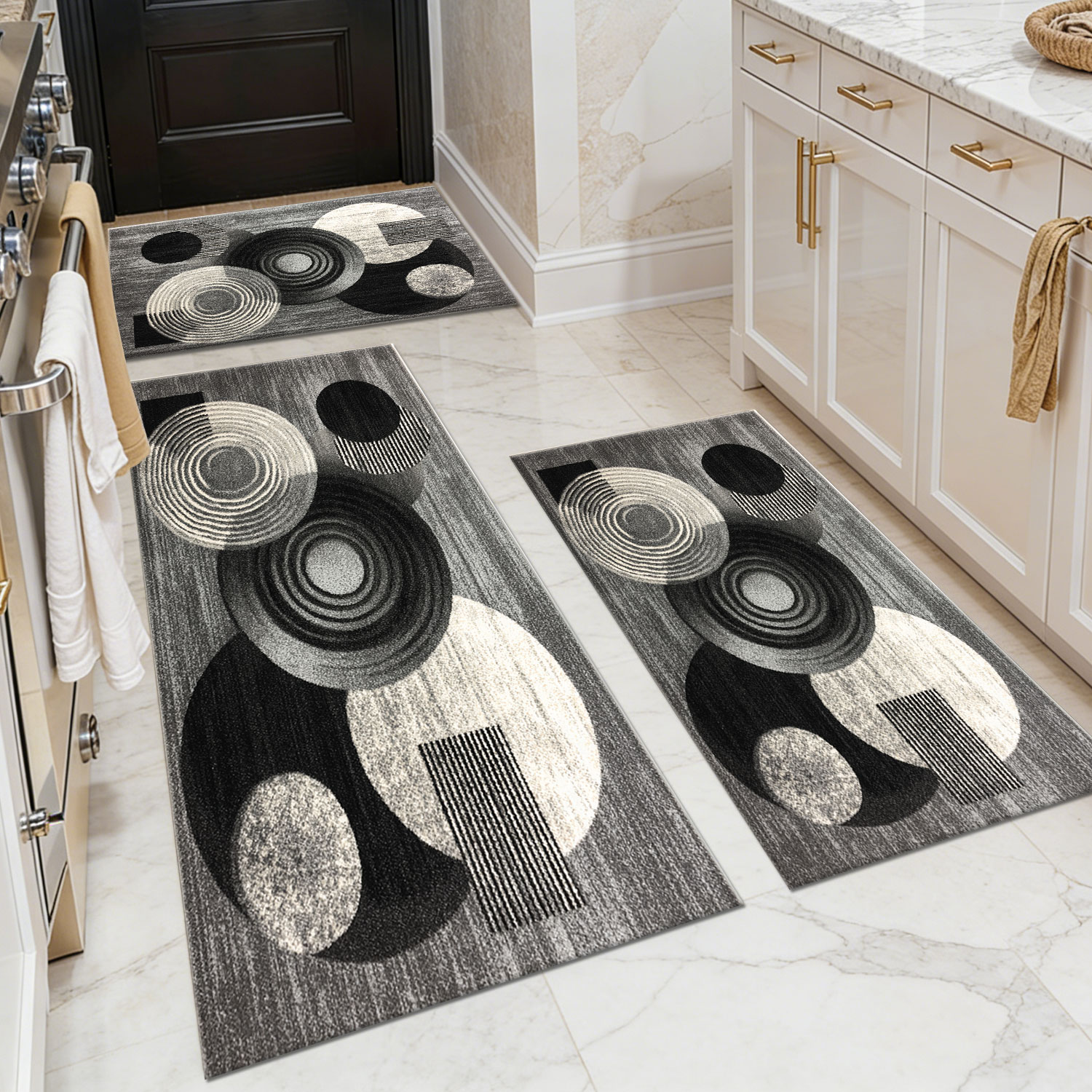Three-piece kitchen rug set, non-slip and washable, abstract pattern kitchen hallway rug, soft and comfortable, suitable for sinks, floors, entrances, hallways and bathrooms.
