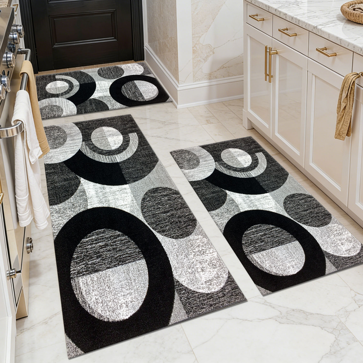 Three-piece kitchen rug set, non-slip and washable, abstract pattern kitchen hallway rug, soft and comfortable, suitable for sinks, floors, entrances, hallways and bathrooms.