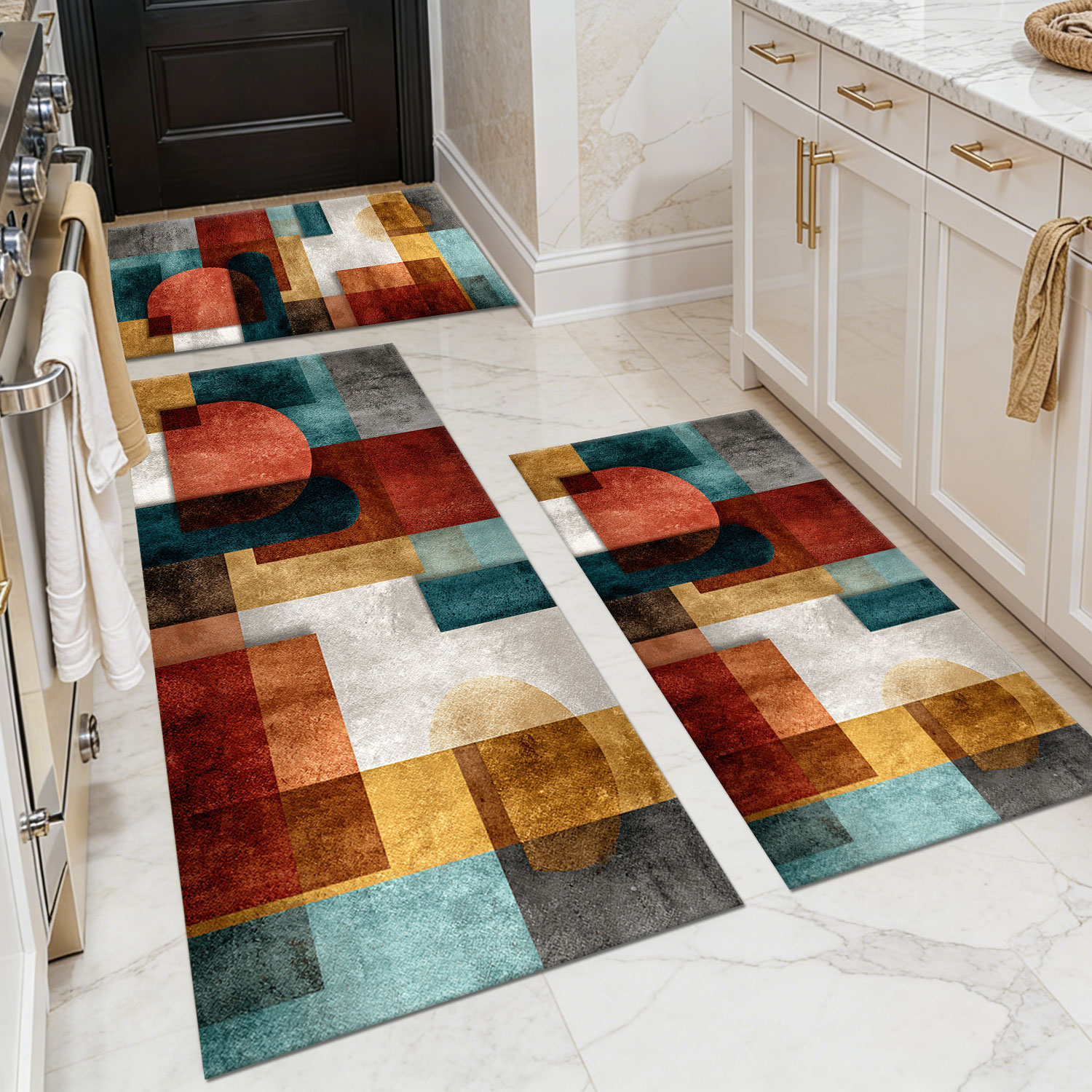 Three-piece kitchen rug set, non-slip and washable, abstract pattern kitchen hallway rug, soft and comfortable, suitable for sinks, floors, entrances, hallways and bathrooms.