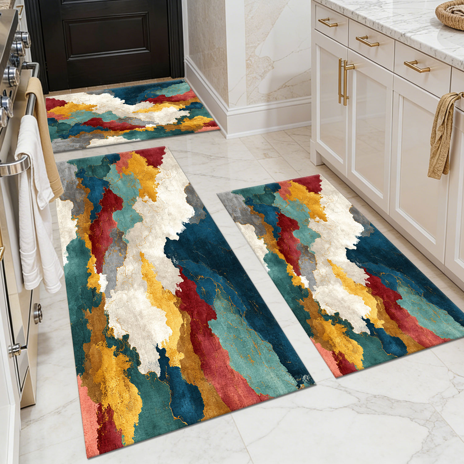Three-piece kitchen rug set, non-slip and washable, abstract pattern kitchen hallway rug, soft and comfortable, suitable for sinks, floors, entrances, hallways and bathrooms.