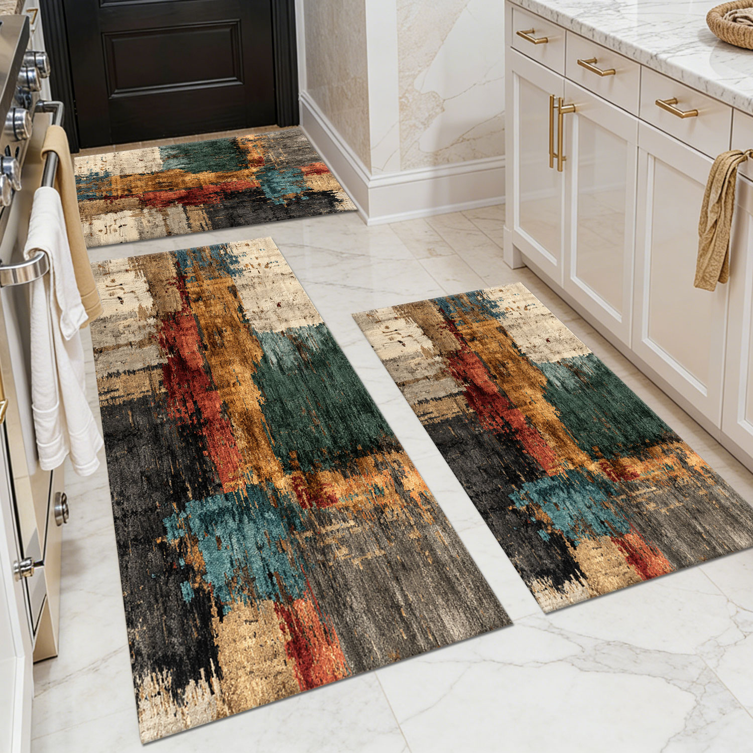 Three-piece kitchen rug set, non-slip and washable, abstract pattern kitchen hallway rug, soft and comfortable, suitable for sinks, floors, entrances, hallways and bathrooms.