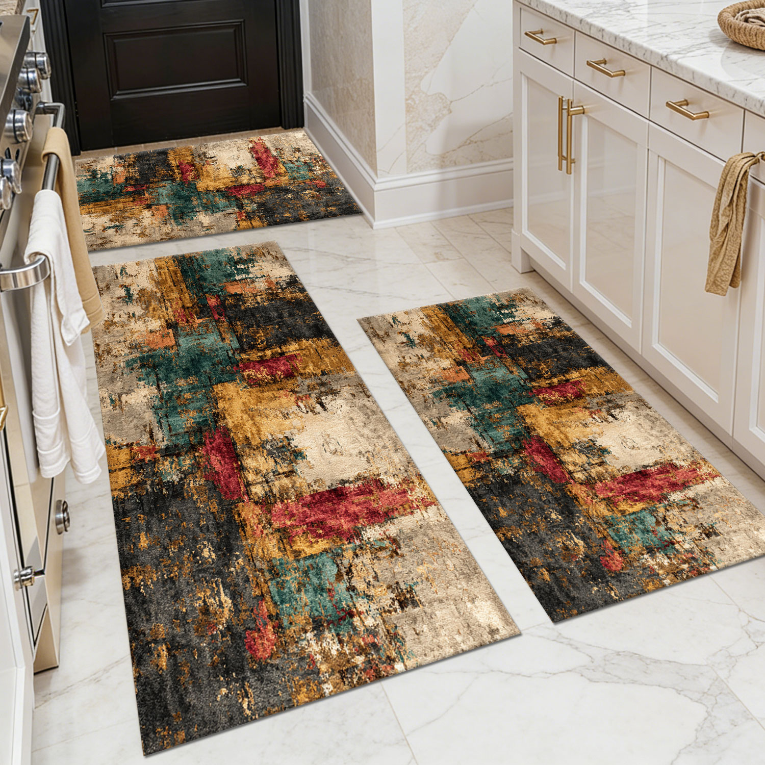 Three-piece kitchen rug set, non-slip and washable, abstract pattern kitchen hallway rug, soft and comfortable, suitable for sinks, floors, entrances, hallways and bathrooms.