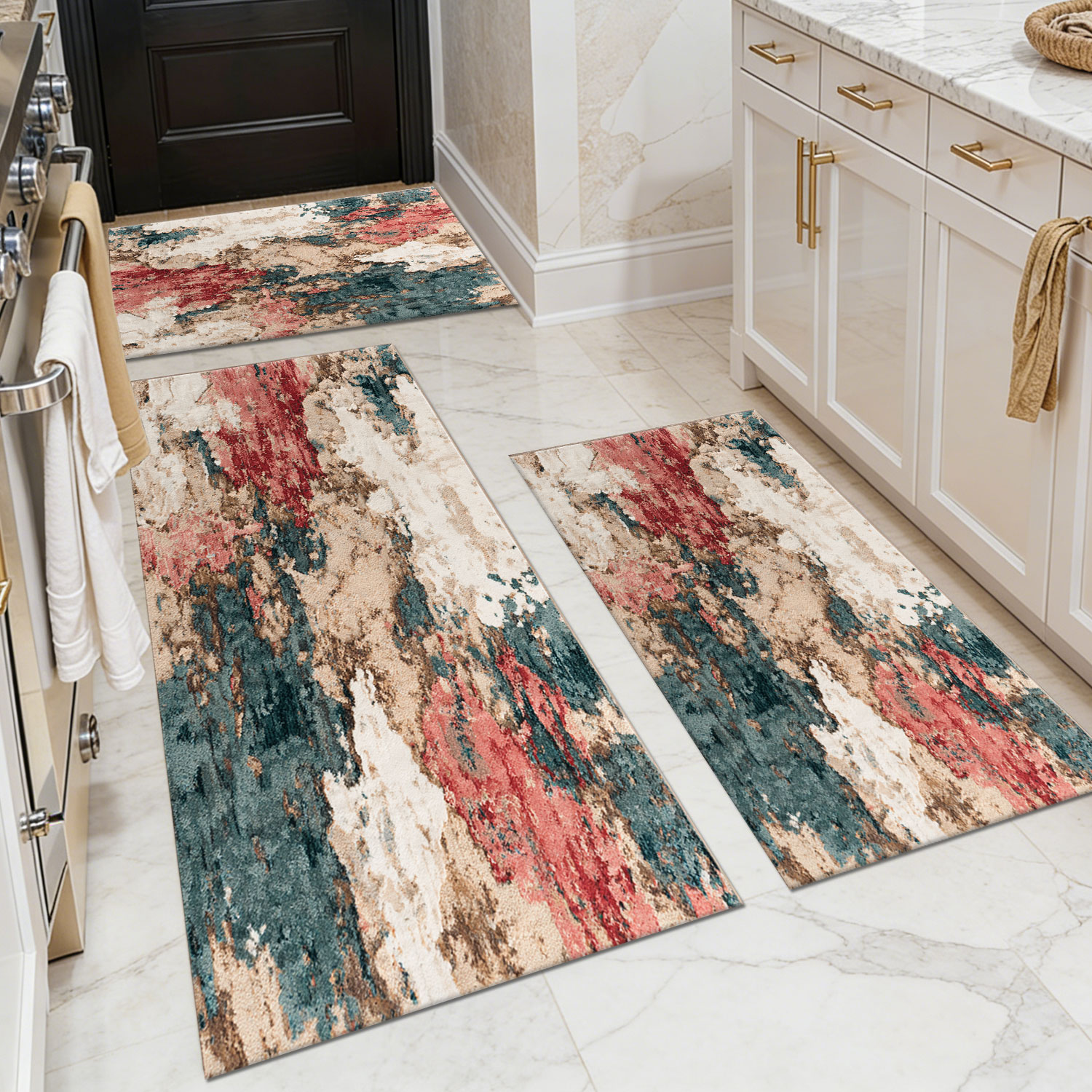 Three-piece kitchen rug set, non-slip and washable, abstract pattern kitchen hallway rug, soft and comfortable, suitable for sinks, floors, entrances, hallways and bathrooms.