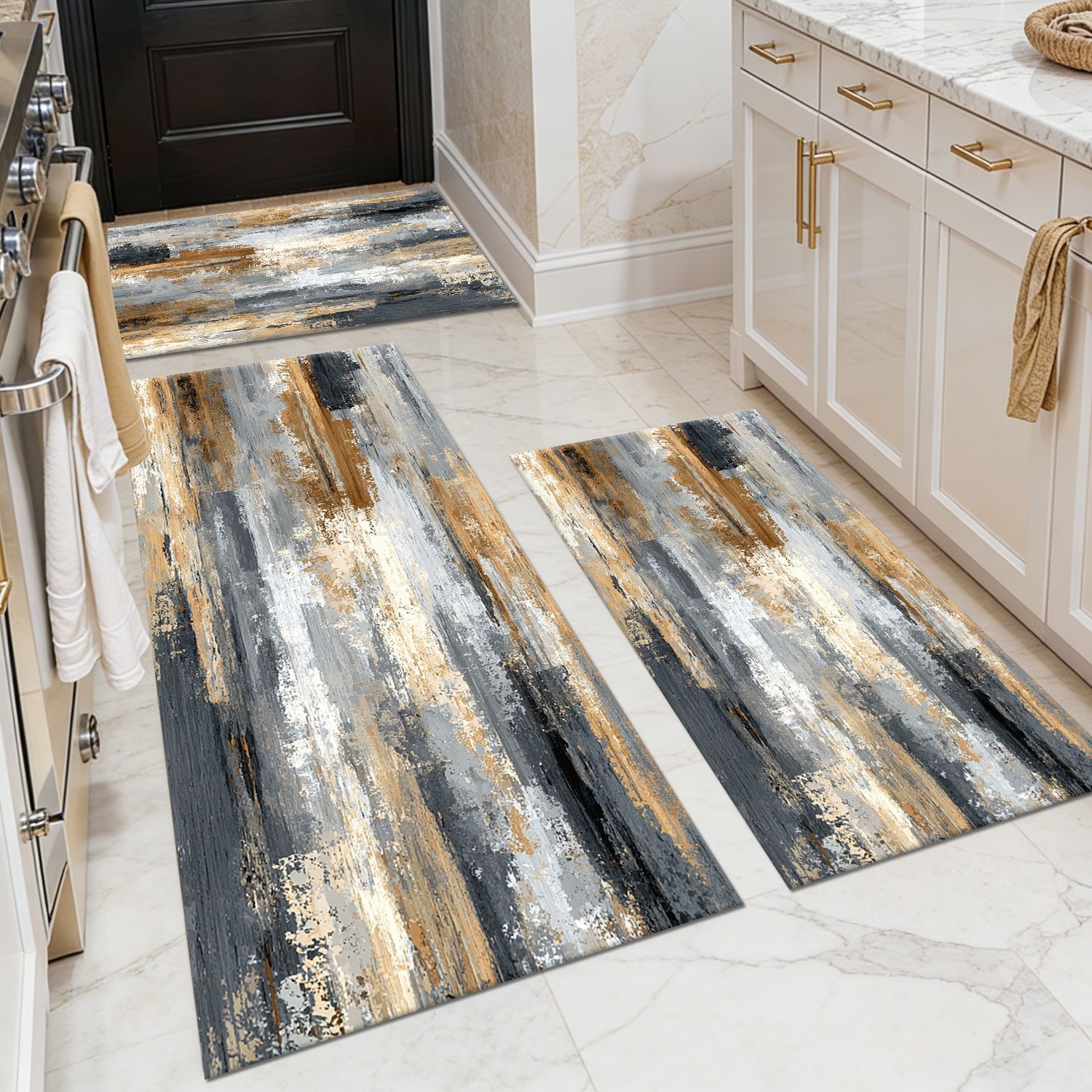 Three-piece kitchen rug set, non-slip and washable, abstract pattern kitchen hallway rug, soft and comfortable, suitable for sinks, floors, entrances, hallways and bathrooms.