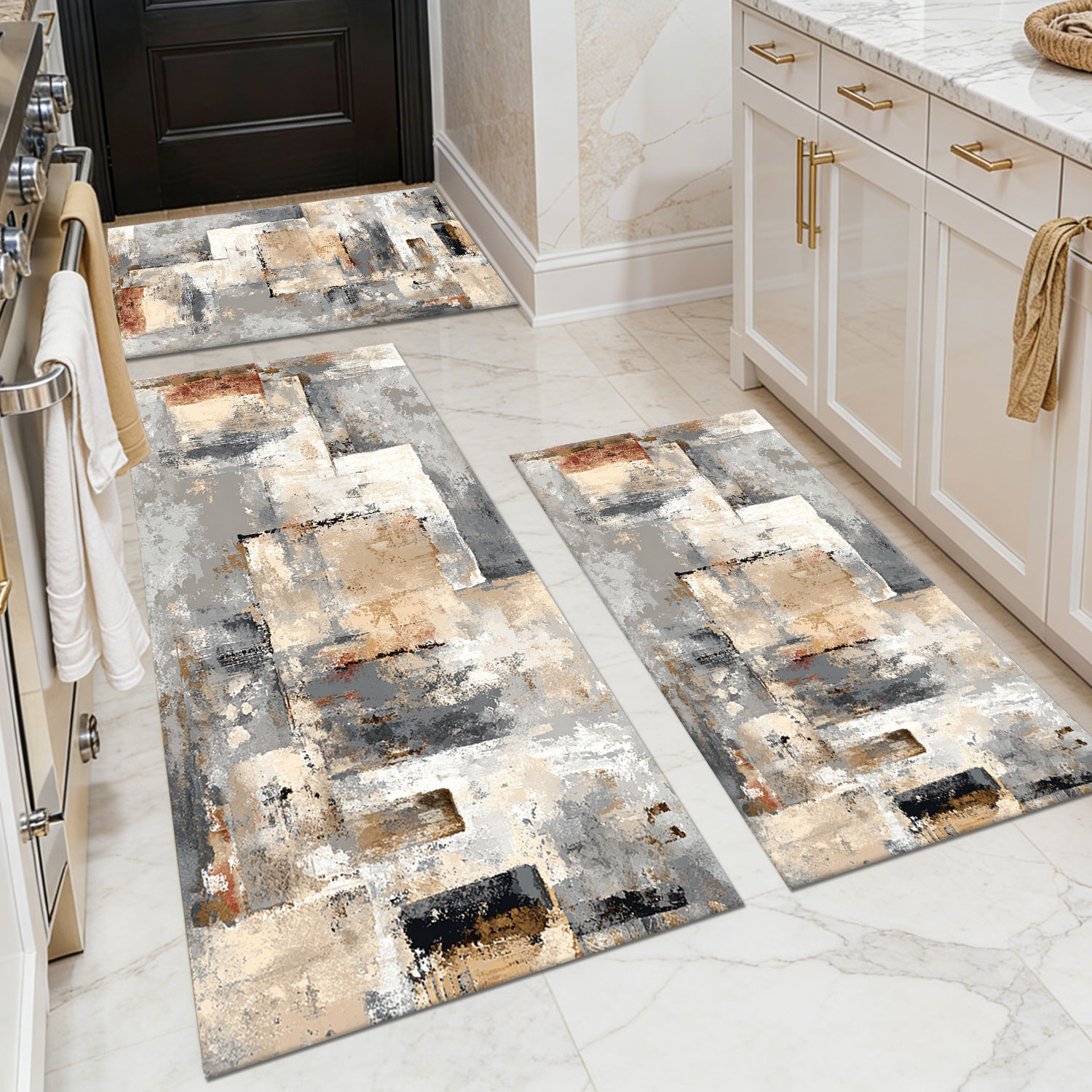 Three-piece kitchen rug set, non-slip and washable, abstract pattern kitchen hallway rug, soft and comfortable, suitable for sinks, floors, entrances, hallways and bathrooms.