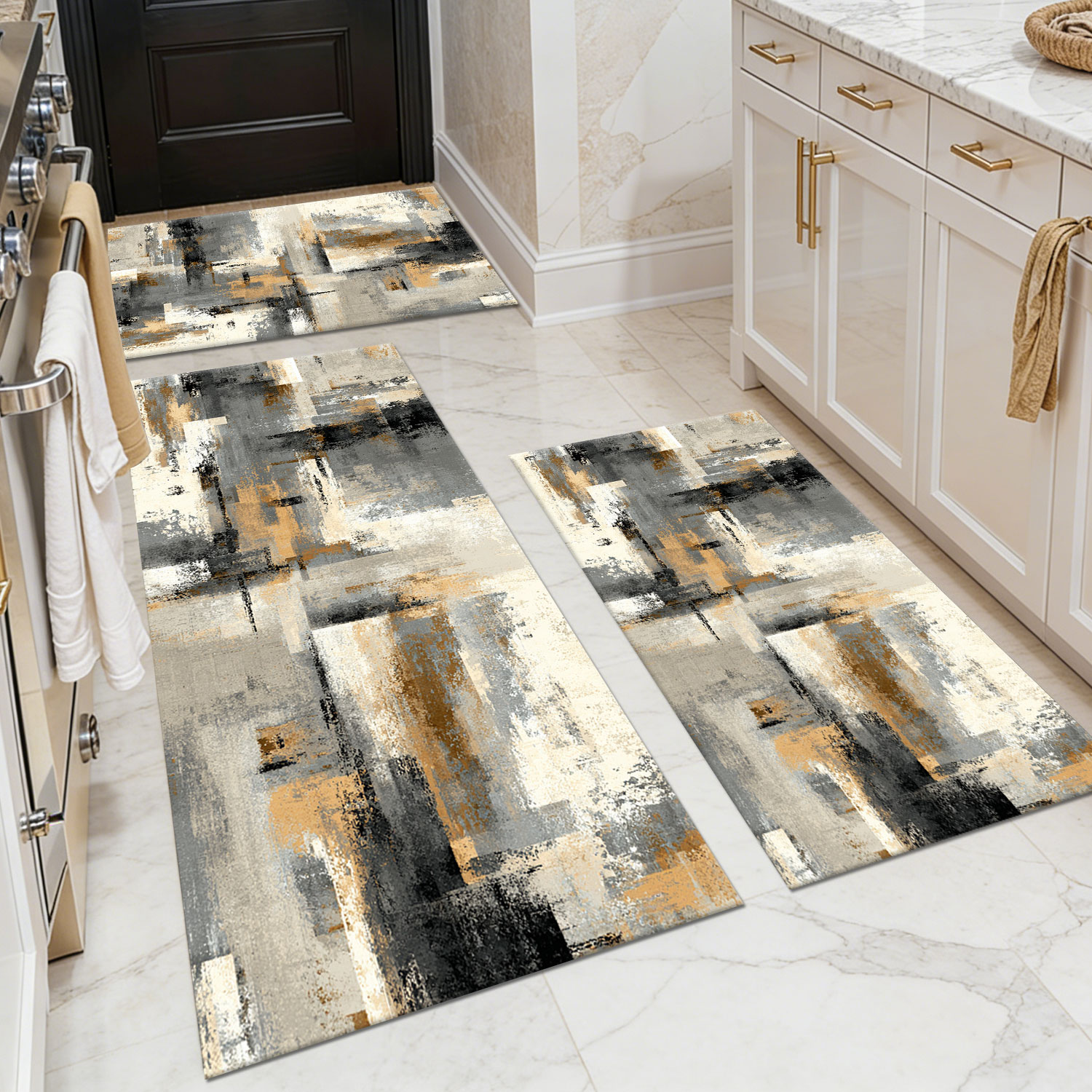Three-piece kitchen rug set, non-slip and washable, abstract pattern kitchen hallway rug, soft and comfortable, suitable for sinks, floors, entrances, hallways and bathrooms.