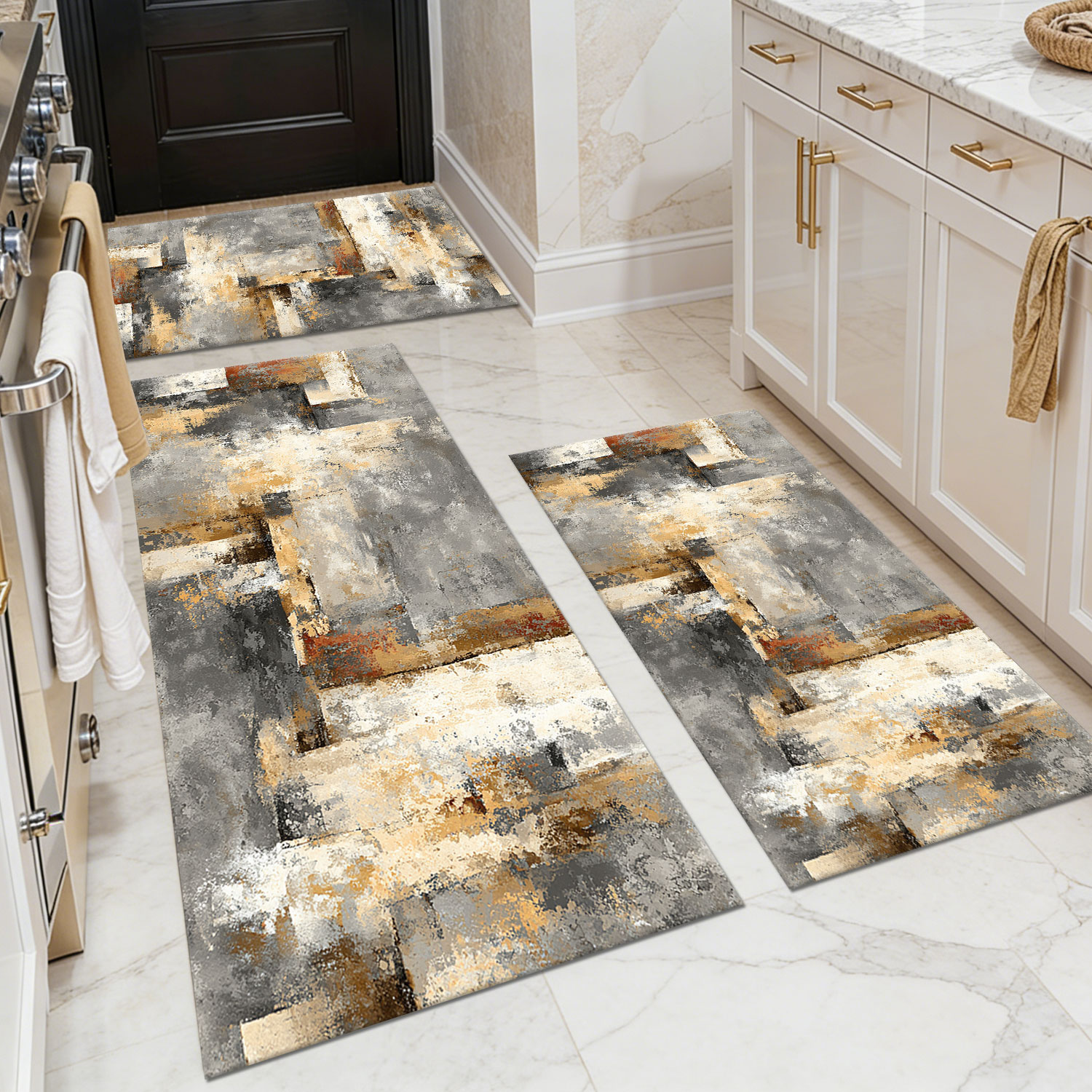 Three-piece kitchen rug set, non-slip and washable, abstract pattern kitchen hallway rug, soft and comfortable, suitable for sinks, floors, entrances, hallways and bathrooms.