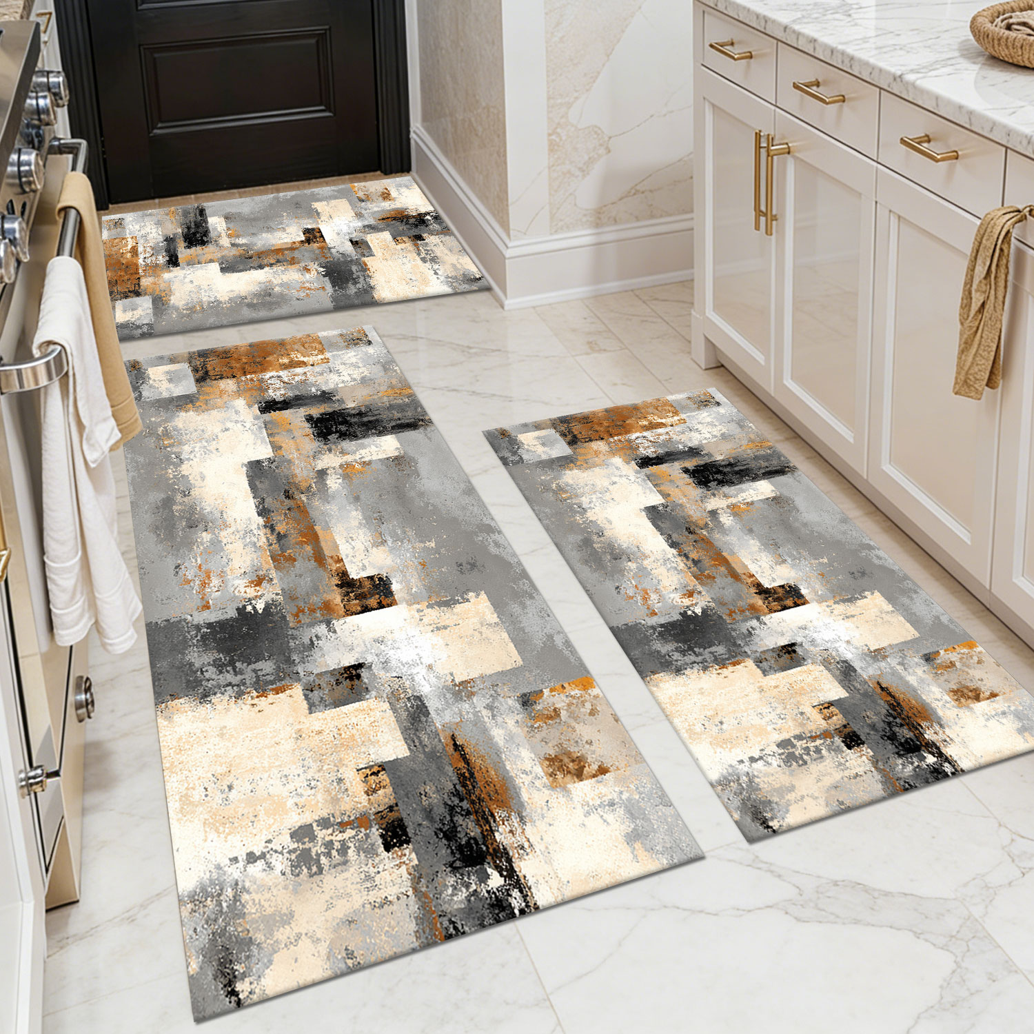 Three-piece kitchen rug set, non-slip and washable, abstract pattern kitchen hallway rug, soft and comfortable, suitable for sinks, floors, entrances, hallways and bathrooms.