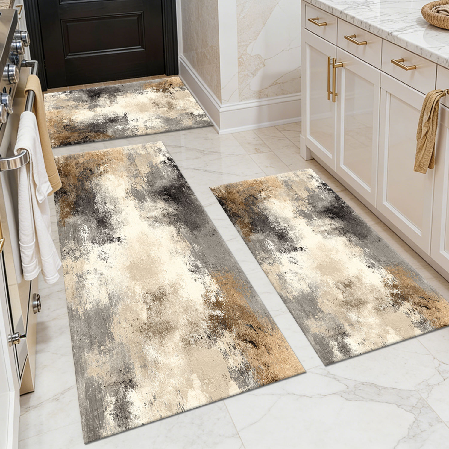 Three-piece kitchen rug set, non-slip and washable, abstract pattern kitchen hallway rug, soft and comfortable, suitable for sinks, floors, entrances, hallways and bathrooms.