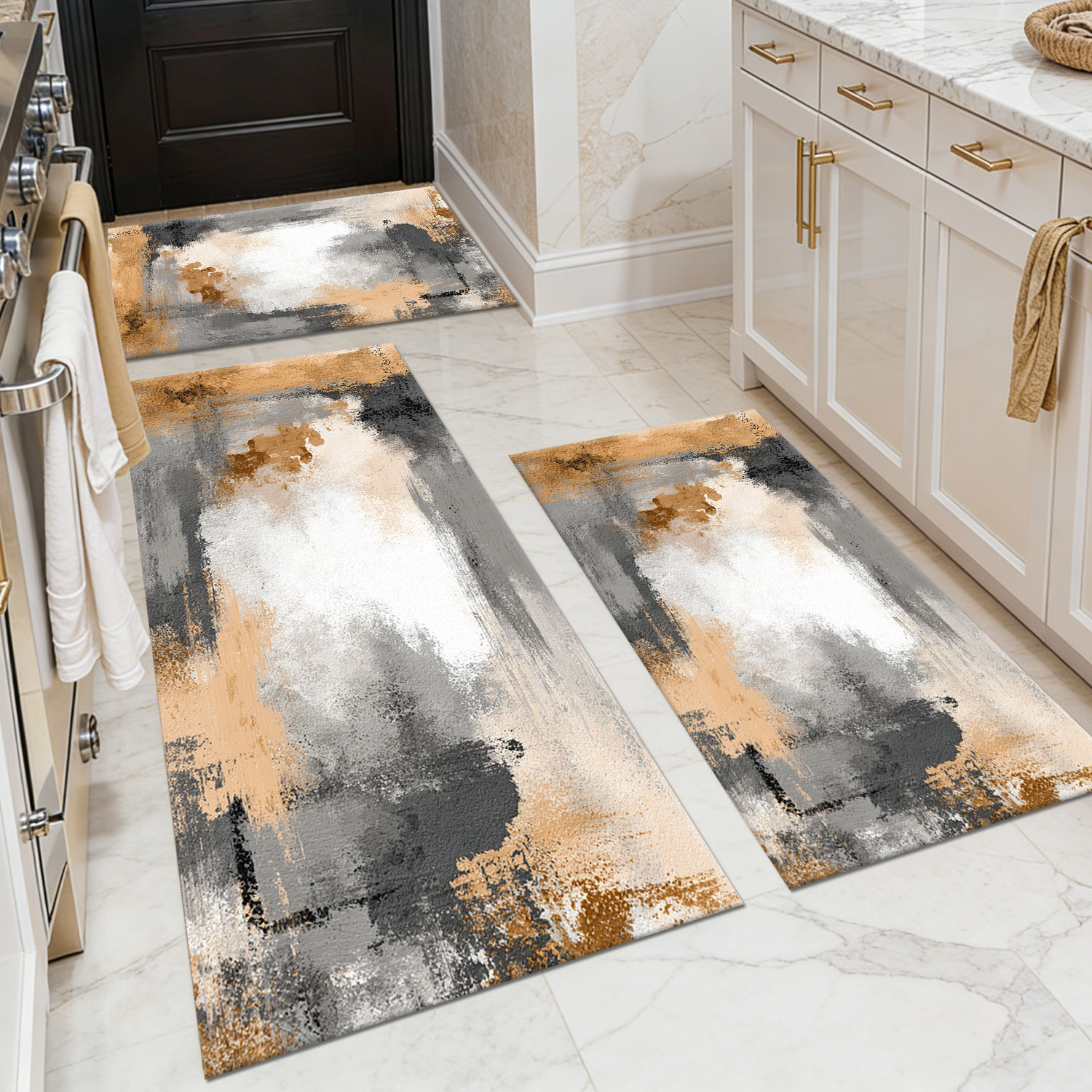 Three-piece kitchen rug set, non-slip and washable, abstract pattern kitchen hallway rug, soft and comfortable, suitable for sinks, floors, entrances, hallways and bathrooms.