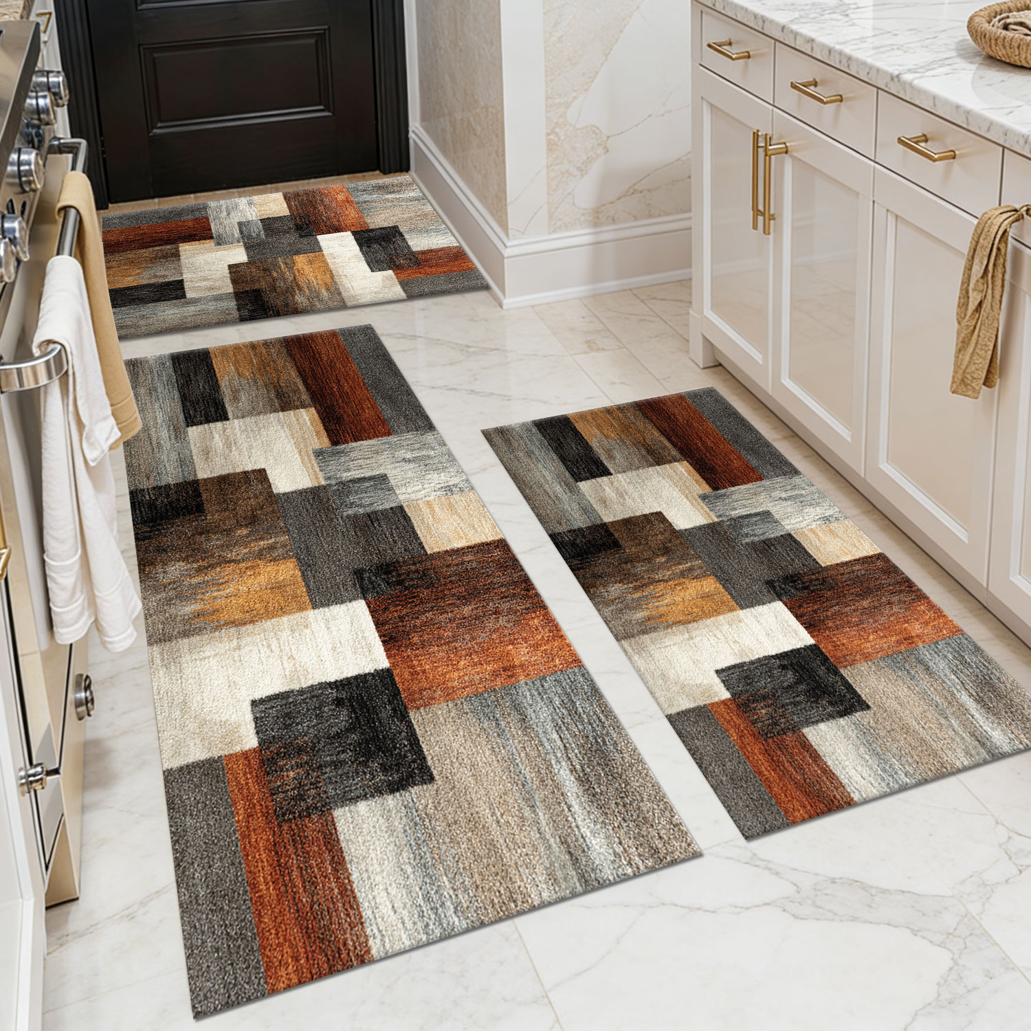 Three-piece kitchen rug set, non-slip and washable, abstract pattern kitchen hallway rug, soft and comfortable, suitable for sinks, floors, entrances, hallways and bathrooms.