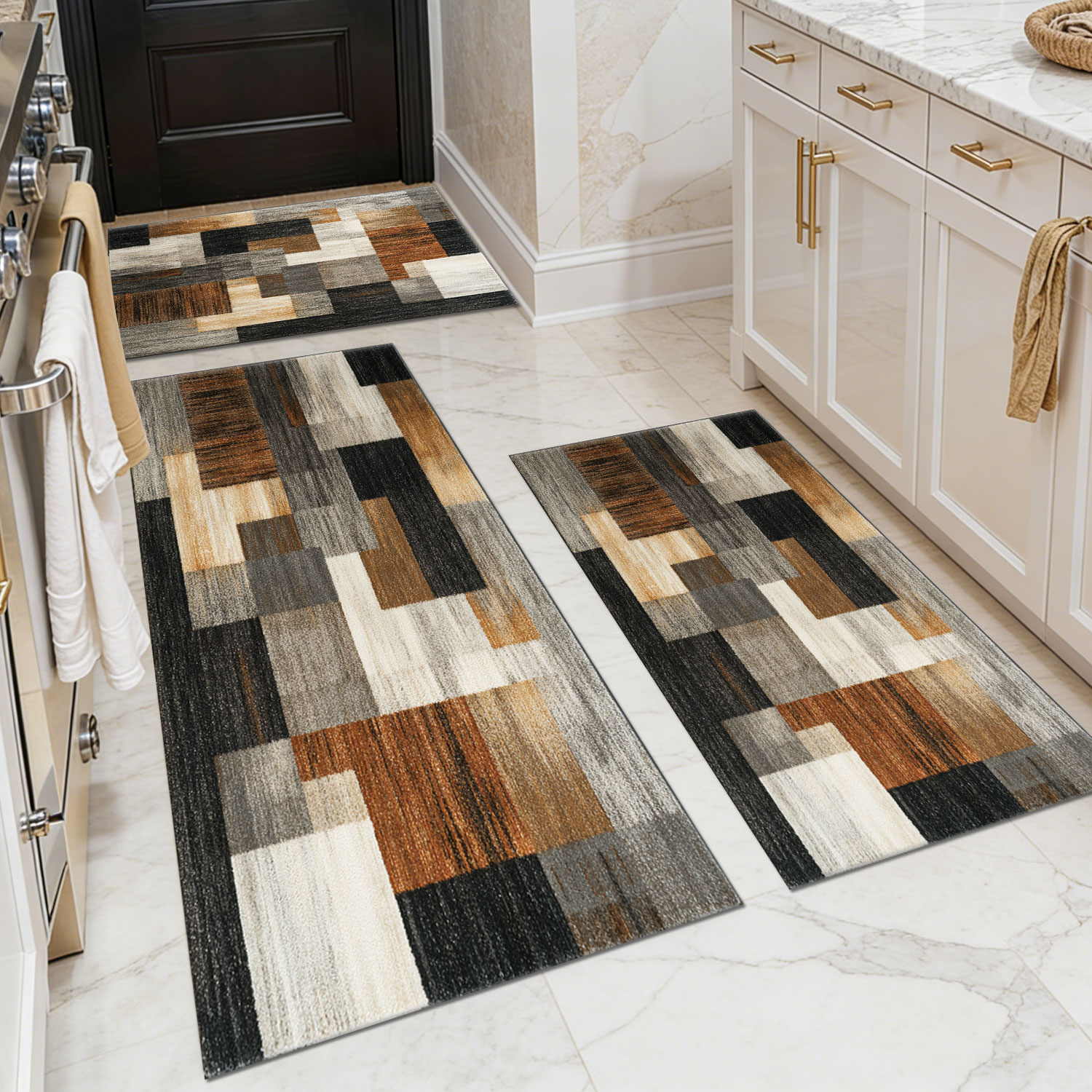 Three-piece kitchen rug set, non-slip and washable, abstract pattern kitchen hallway rug, soft and comfortable, suitable for sinks, floors, entrances, hallways and bathrooms.