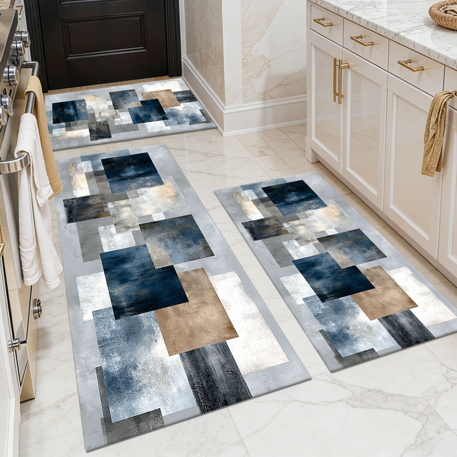 Three-piece kitchen rug set, non-slip and washable, abstract pattern kitchen hallway rug, soft and comfortable, suitable for sinks, floors, entrances, hallways and bathrooms.