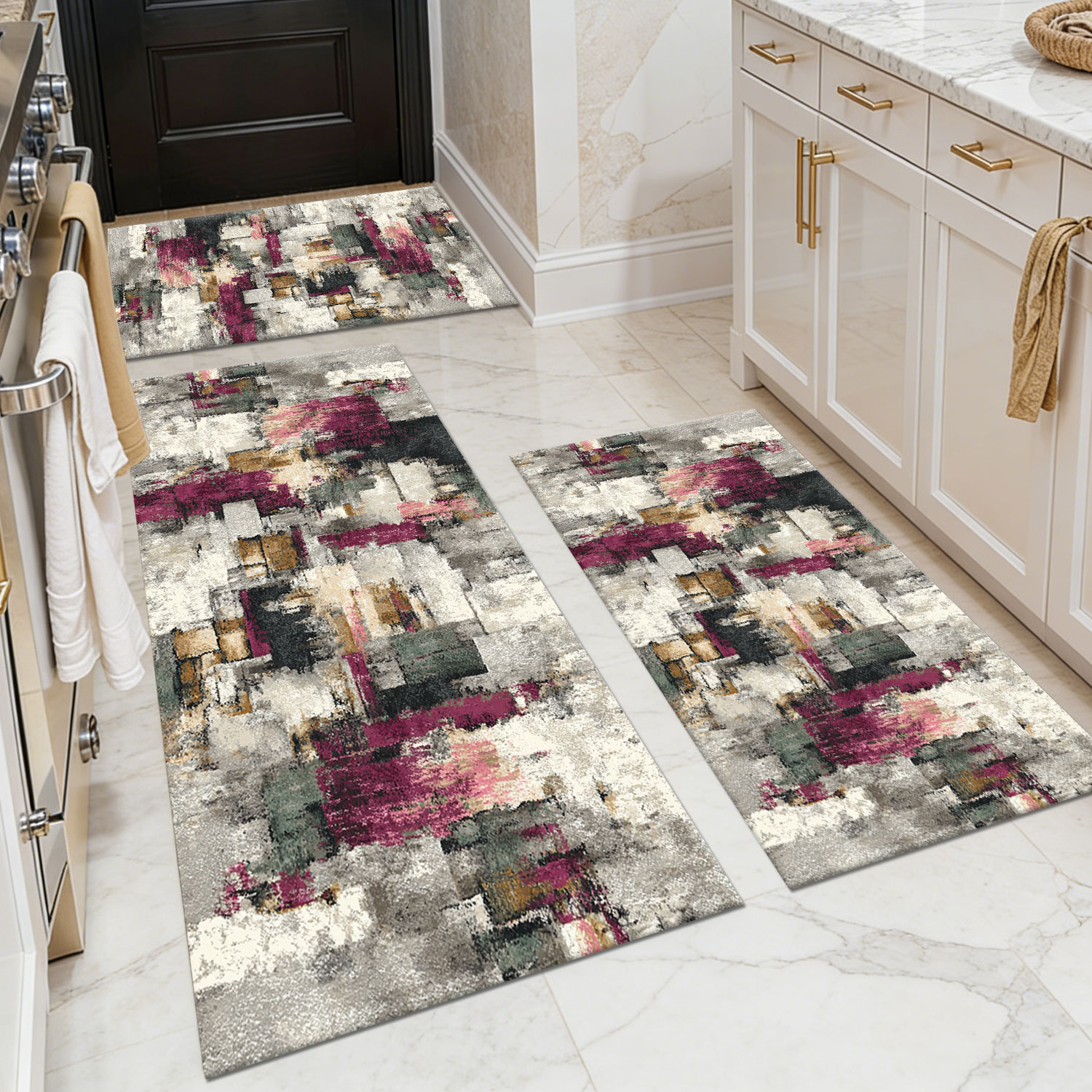 Three-piece kitchen rug set, non-slip and washable, abstract pattern kitchen hallway rug, soft and comfortable, suitable for sinks, floors, entrances, hallways and bathrooms.