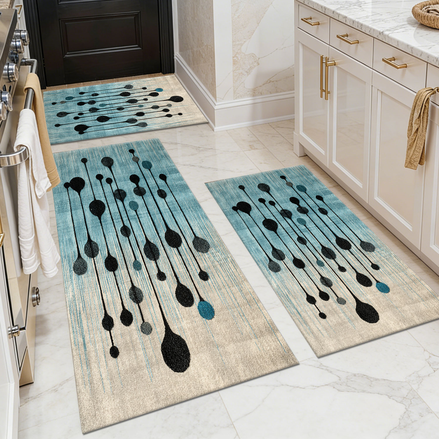 Three-piece kitchen rug set, non-slip and washable, abstract pattern kitchen hallway rug, soft and comfortable, suitable for sinks, floors, entrances, hallways and bathrooms.