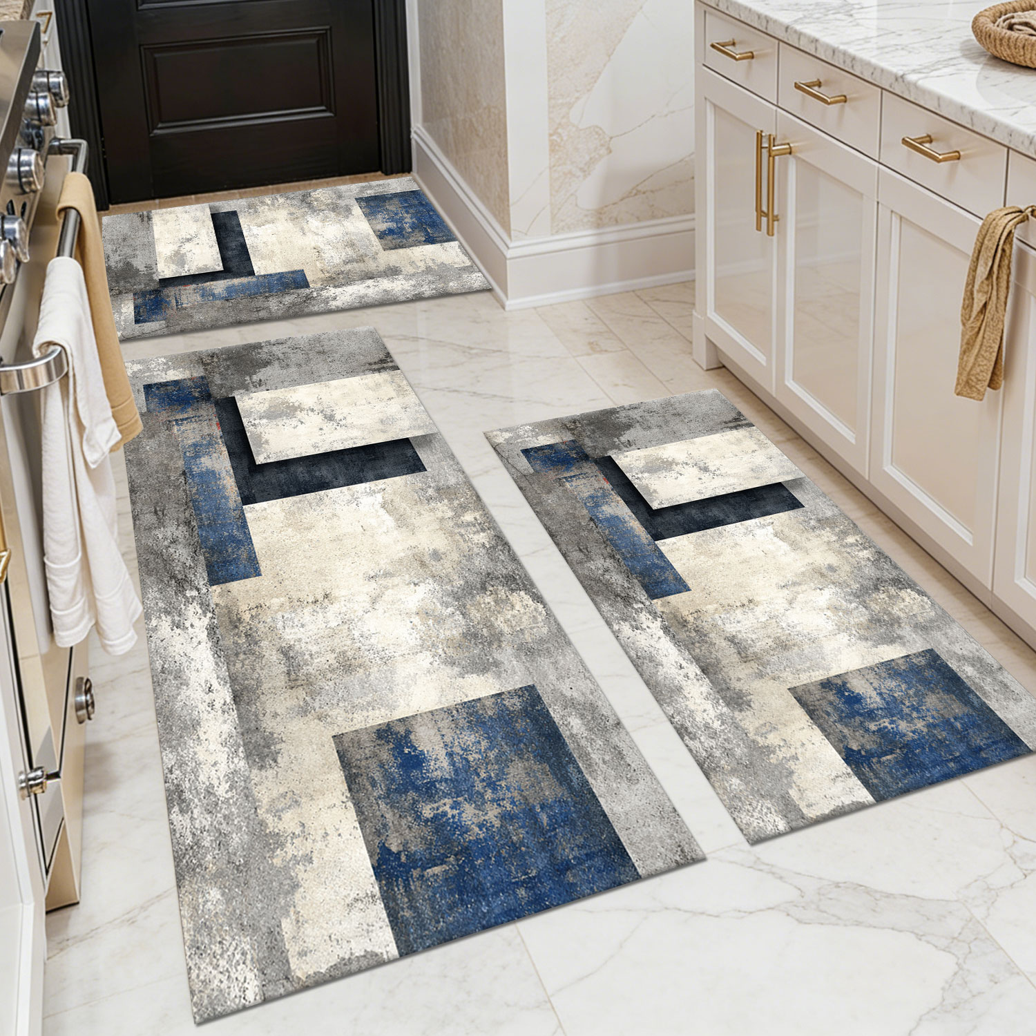 Three-piece kitchen rug set, non-slip and washable, abstract pattern kitchen hallway rug, soft and comfortable, suitable for sinks, floors, entrances, hallways and bathrooms.