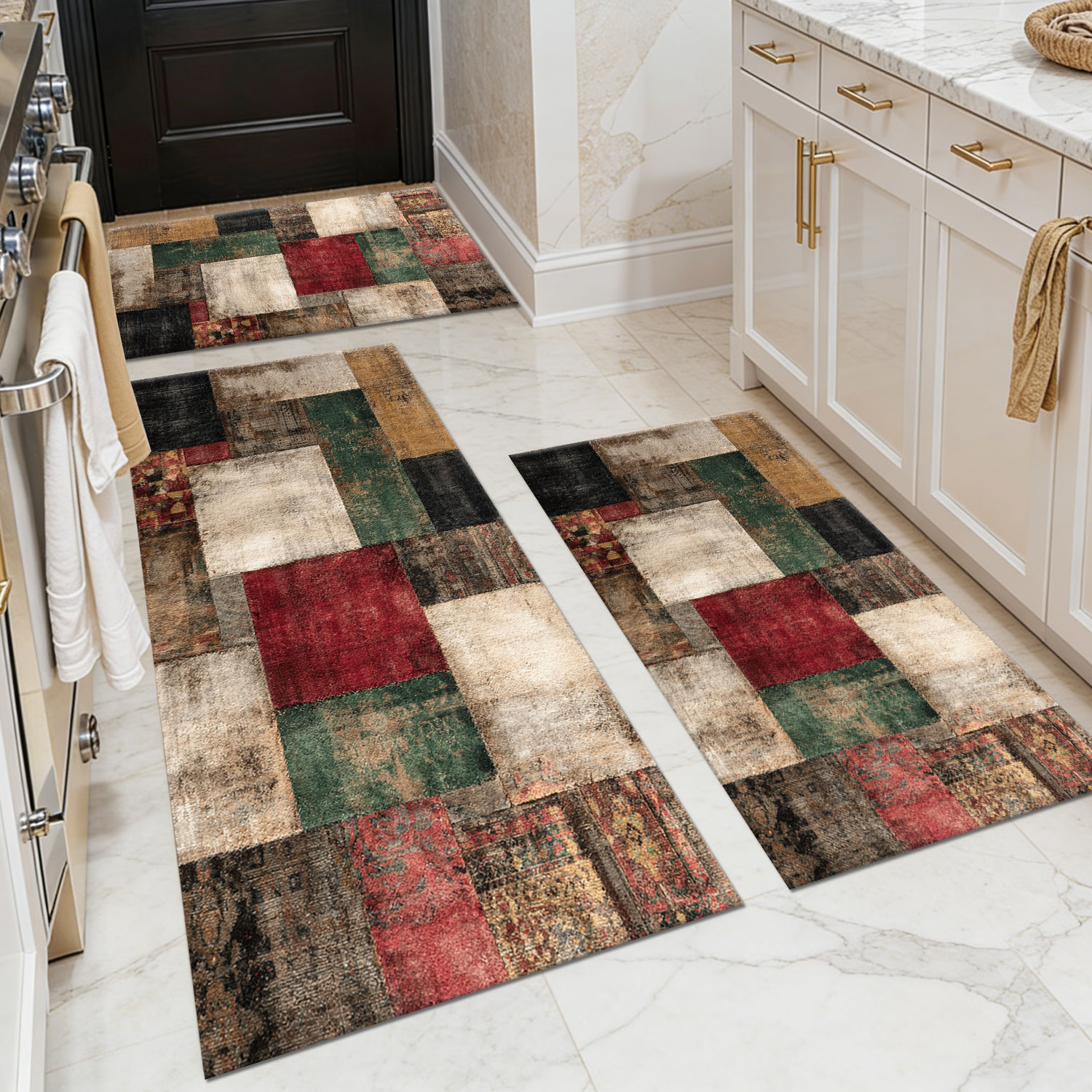 Three-piece kitchen rug set, non-slip and washable, abstract pattern kitchen hallway rug, soft and comfortable, suitable for sinks, floors, entrances, hallways and bathrooms.