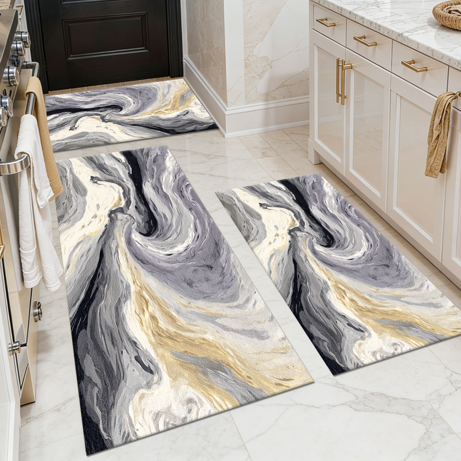 Three-piece kitchen rug set, non-slip and washable, abstract pattern kitchen hallway rug, soft and comfortable, suitable for sinks, floors, entrances, hallways and bathrooms.