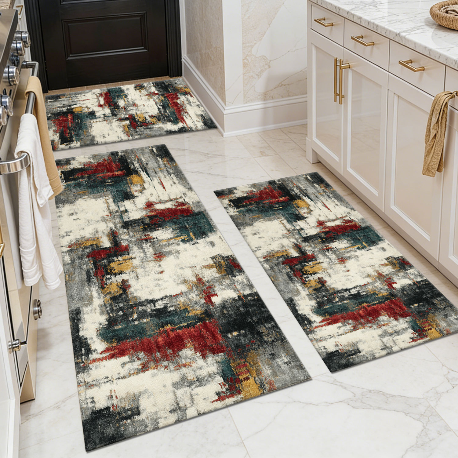 Three-piece kitchen rug set, non-slip and washable, abstract pattern kitchen hallway rug, soft and comfortable, suitable for sinks, floors, entrances, hallways and bathrooms.