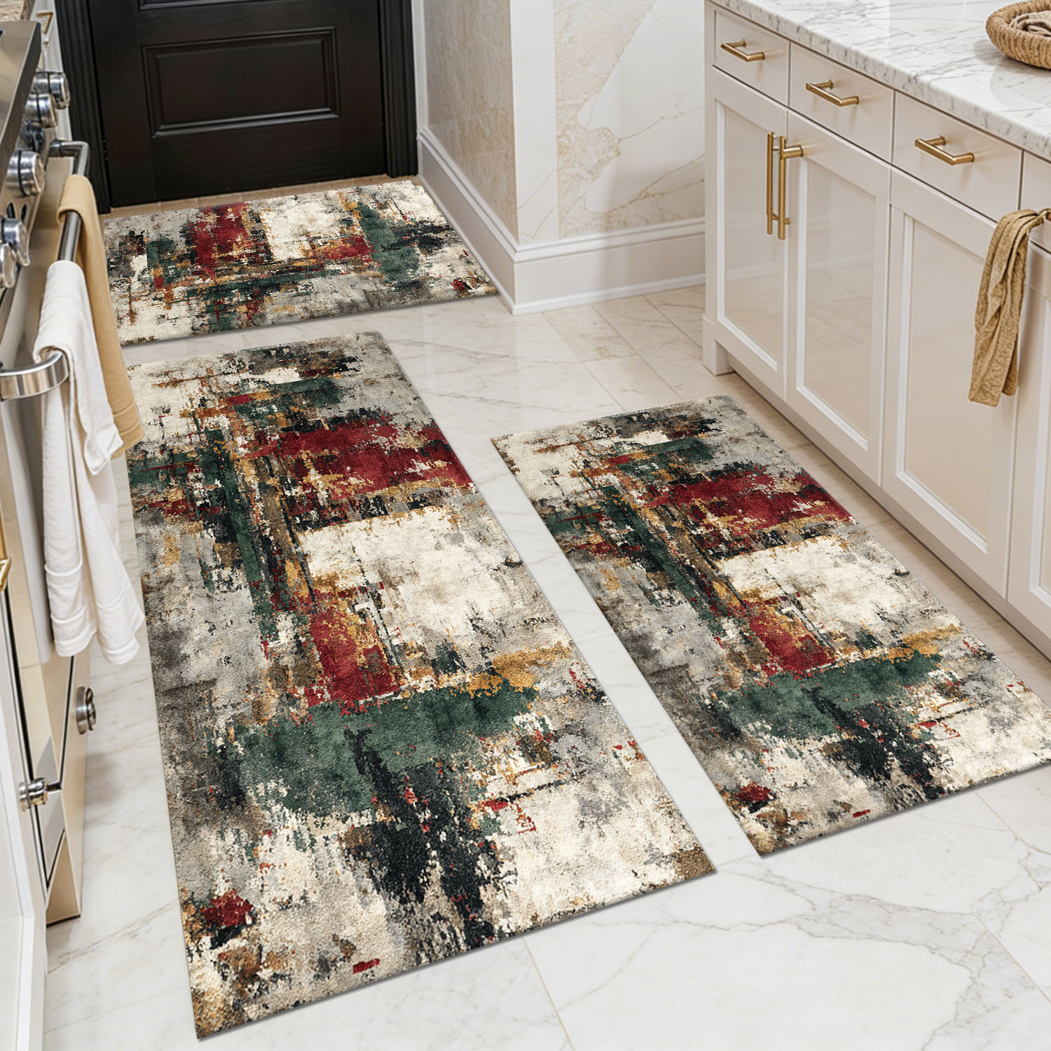 Three-piece kitchen rug set, non-slip and washable, abstract pattern kitchen hallway rug, soft and comfortable, suitable for sinks, floors, entrances, hallways and bathrooms.