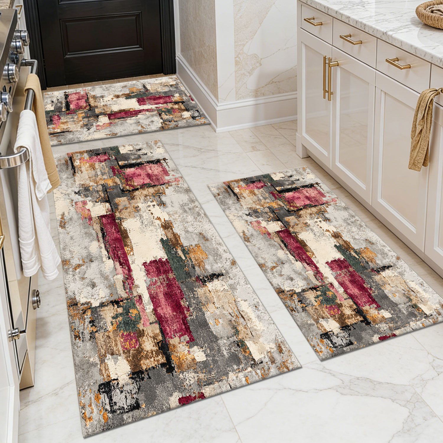Three-piece kitchen rug set, non-slip and washable, abstract pattern kitchen hallway rug, soft and comfortable, suitable for sinks, floors, entrances, hallways and bathrooms.