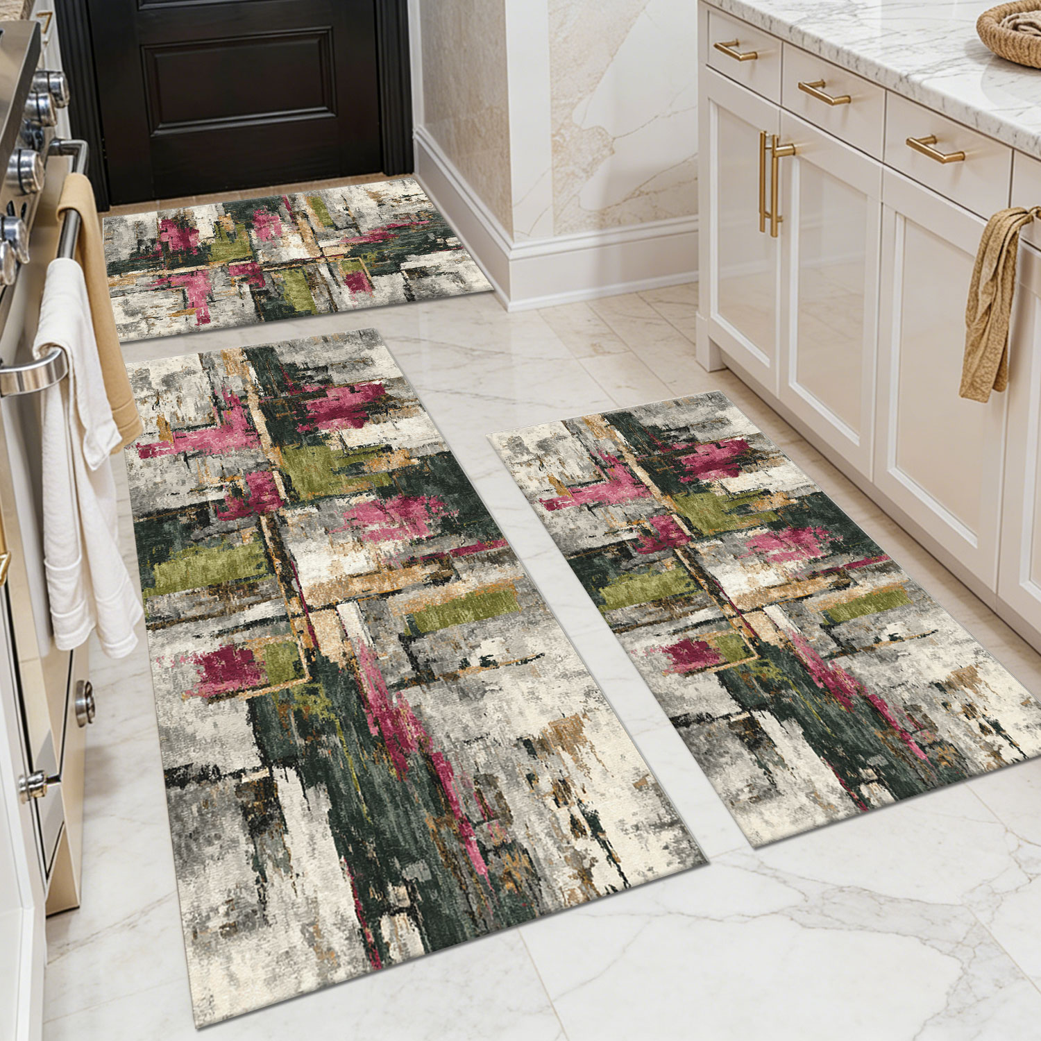 Three-piece kitchen rug set, non-slip and washable, abstract pattern kitchen hallway rug, soft and comfortable, suitable for sinks, floors, entrances, hallways and bathrooms.
