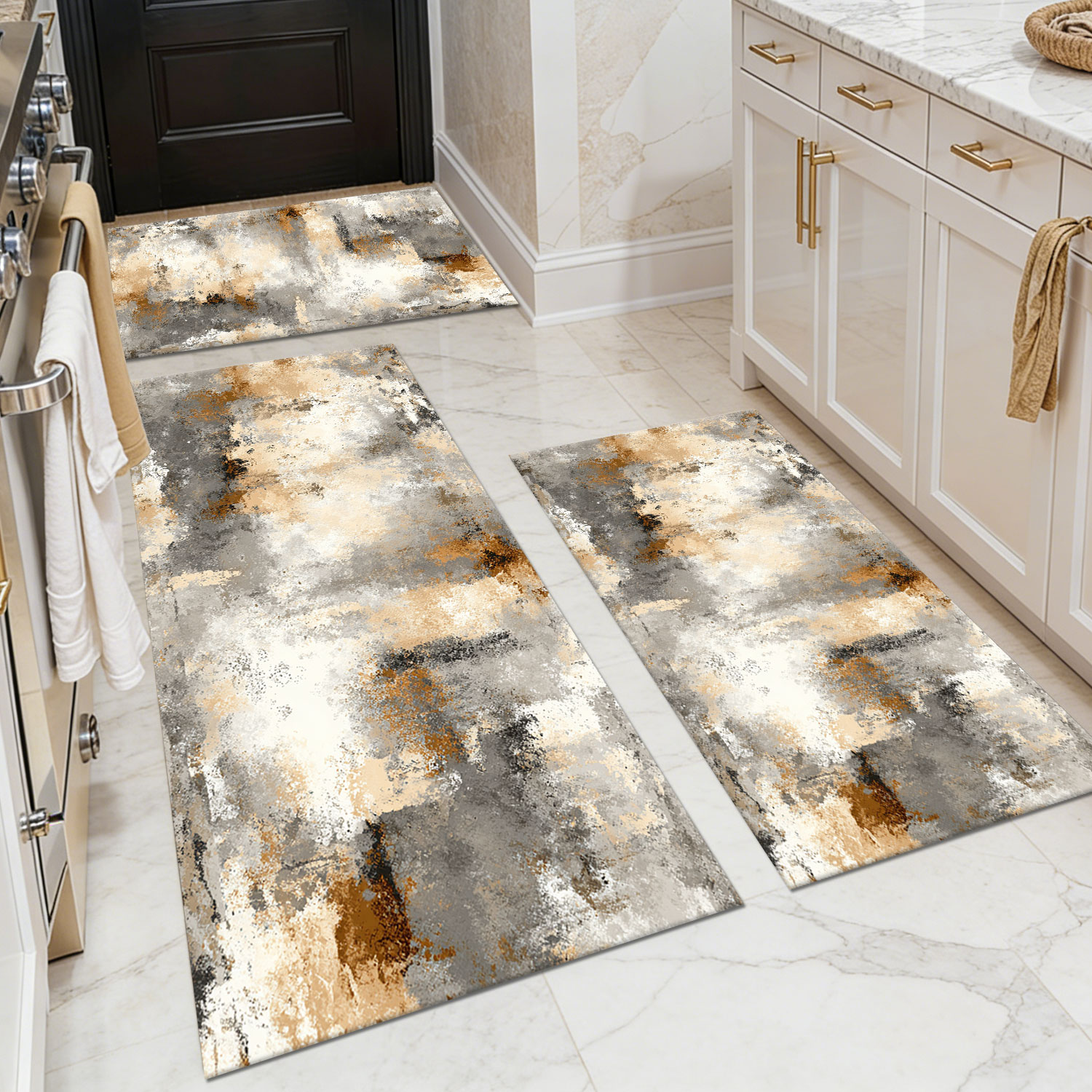 Three-piece kitchen rug set, non-slip and washable, abstract pattern kitchen hallway rug, soft and comfortable, suitable for sinks, floors, entrances, hallways and bathrooms.