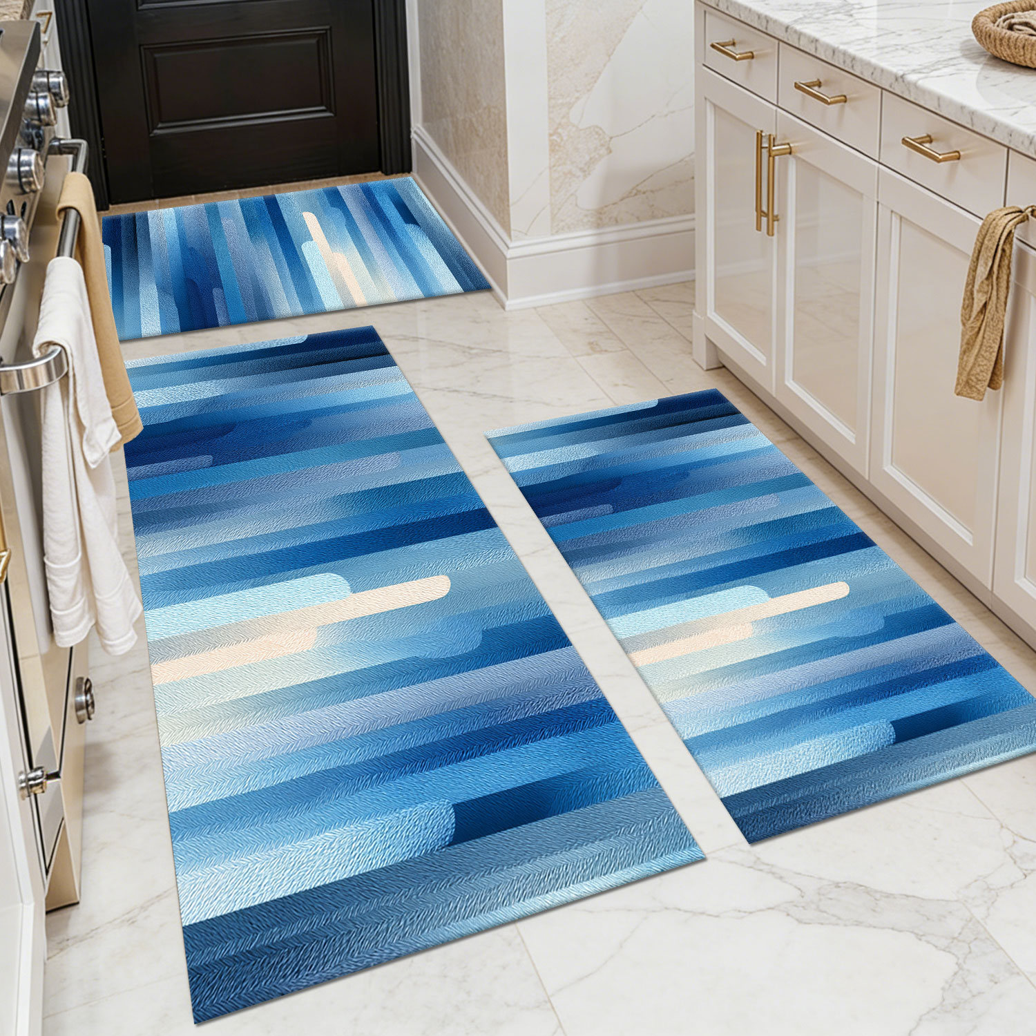 Three-piece kitchen rug set, non-slip and washable, abstract pattern kitchen hallway rug, soft and comfortable, suitable for sinks, floors, entrances, hallways and bathrooms.