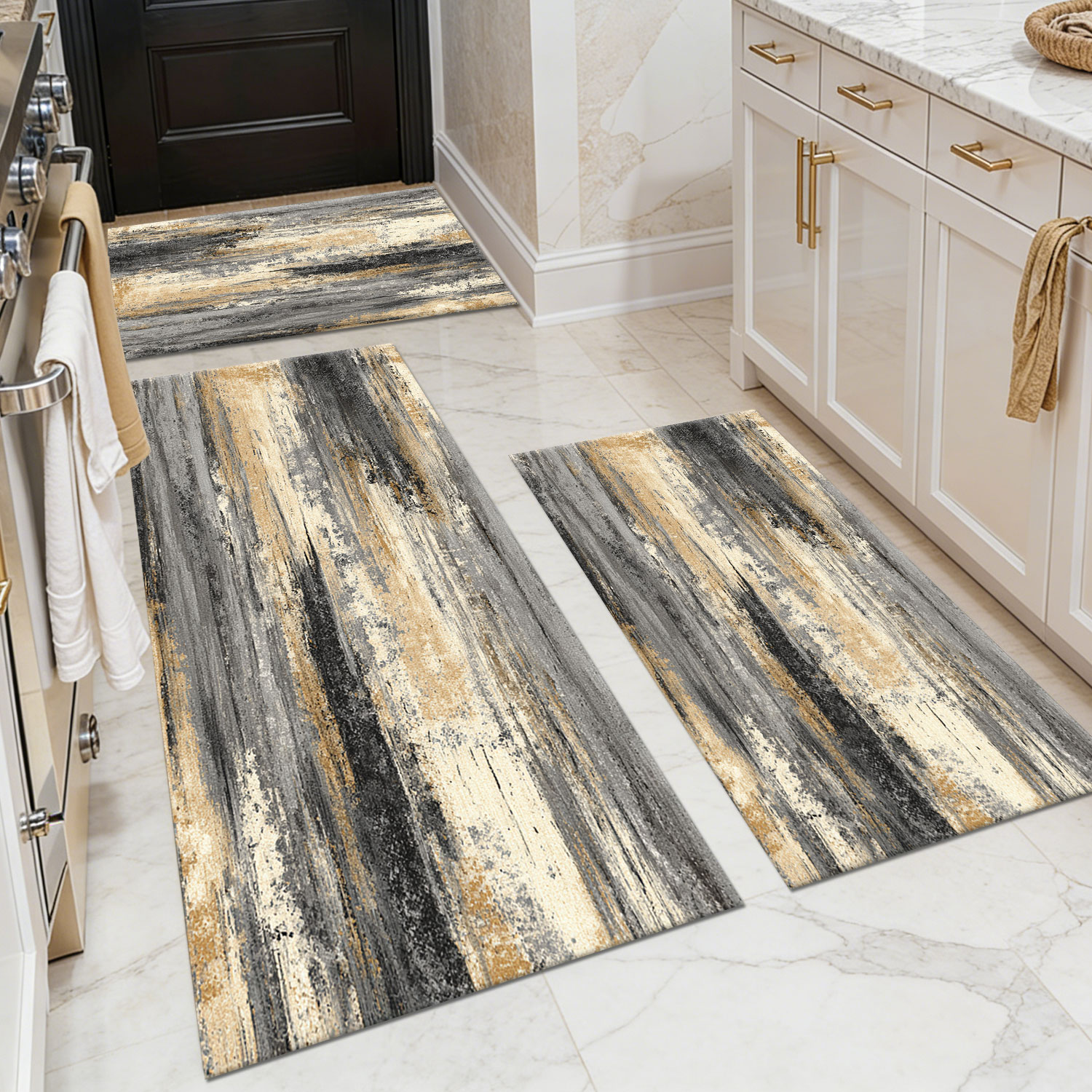 Three-piece kitchen rug set, non-slip and washable, abstract pattern kitchen hallway rug, soft and comfortable, suitable for sinks, floors, entrances, hallways and bathrooms.