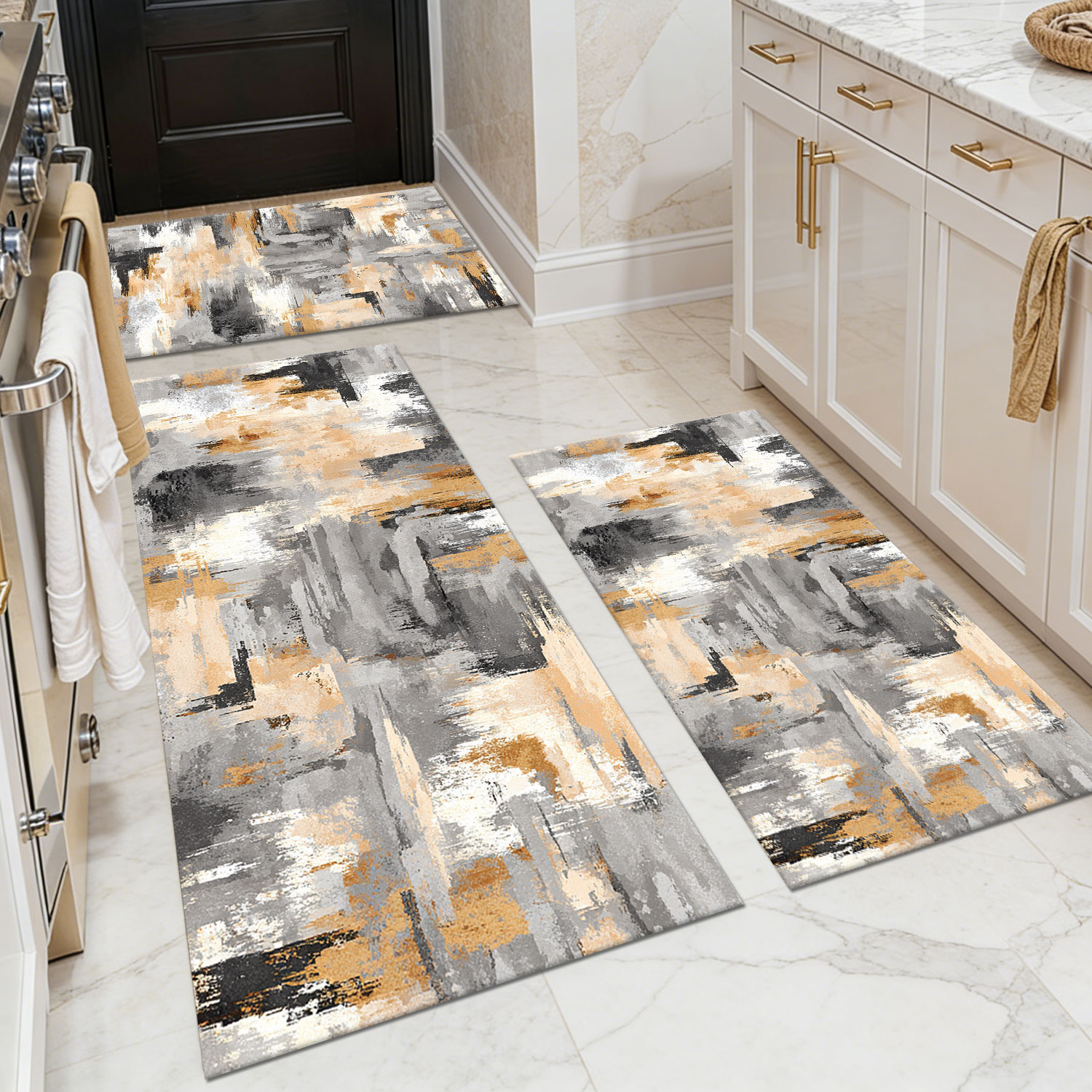 Three-piece kitchen rug set, non-slip and washable, abstract pattern kitchen hallway rug, soft and comfortable, suitable for sinks, floors, entrances, hallways and bathrooms.