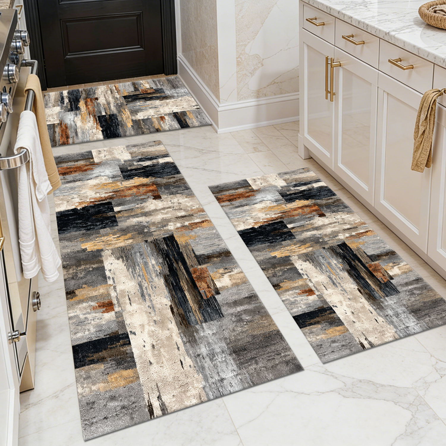 Three-piece kitchen rug set, non-slip and washable, abstract pattern kitchen hallway rug, soft and comfortable, suitable for sinks, floors, entrances, hallways and bathrooms.