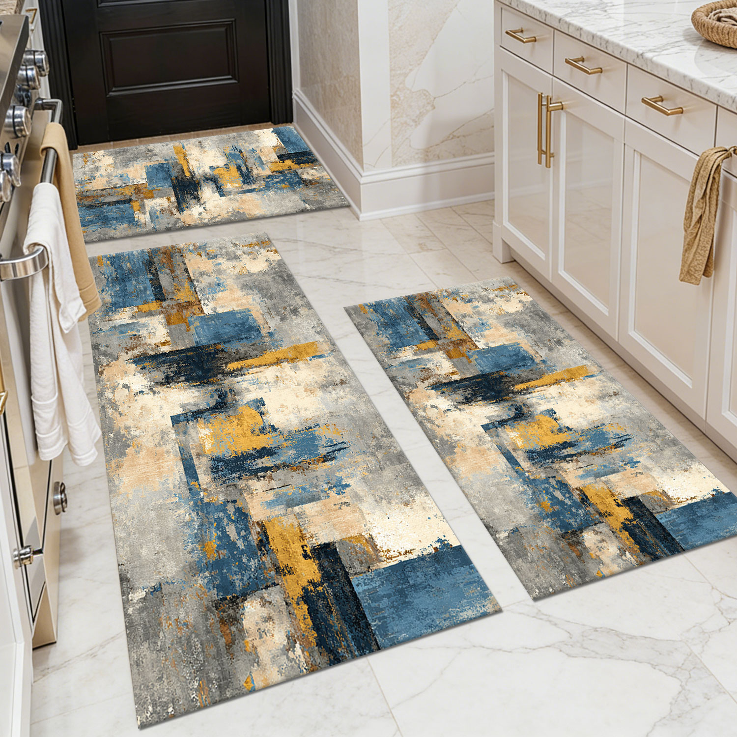 Three-piece kitchen rug set, non-slip and washable, abstract pattern kitchen hallway rug, soft and comfortable, suitable for sinks, floors, entrances, hallways and bathrooms.