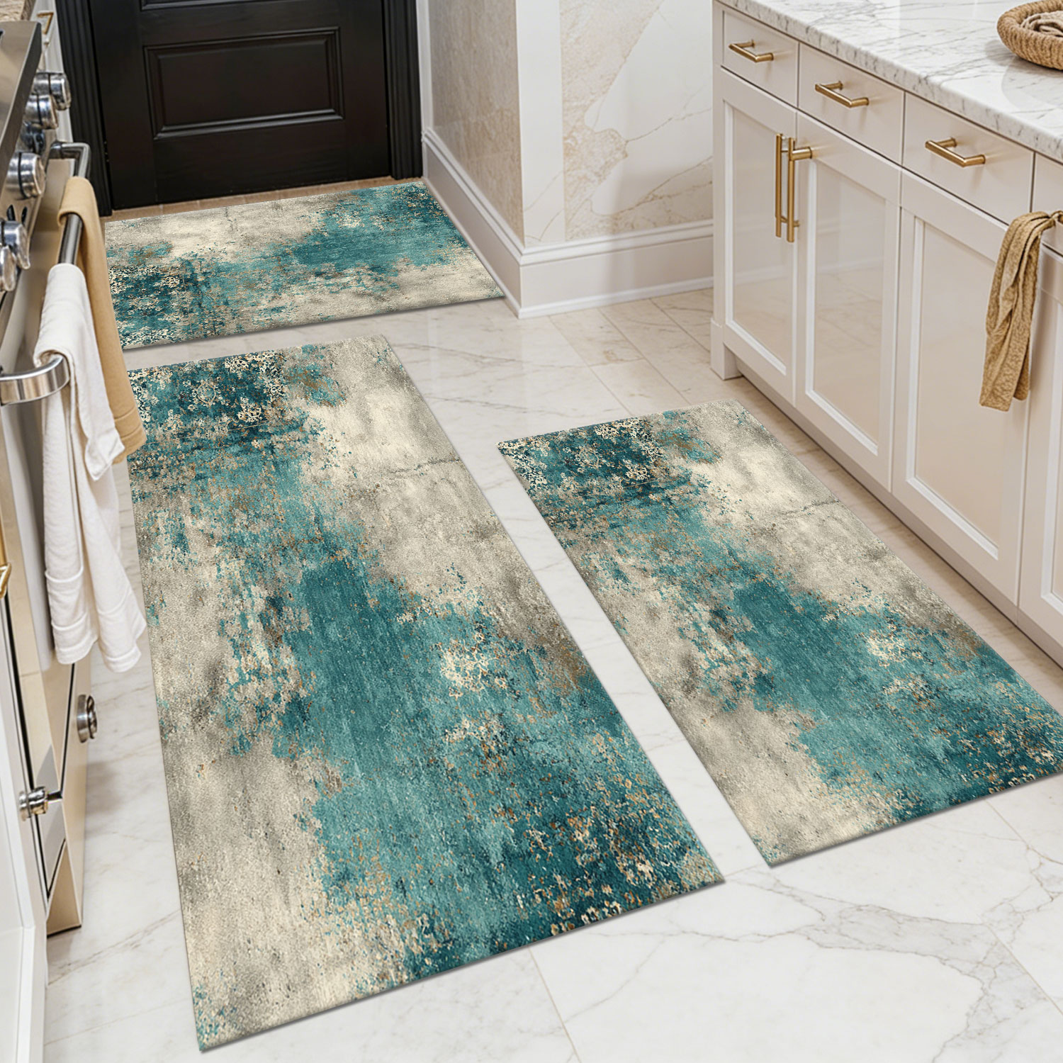 Three-piece kitchen rug set, non-slip and washable, abstract pattern kitchen hallway rug, soft and comfortable, suitable for sinks, floors, entrances, hallways and bathrooms.