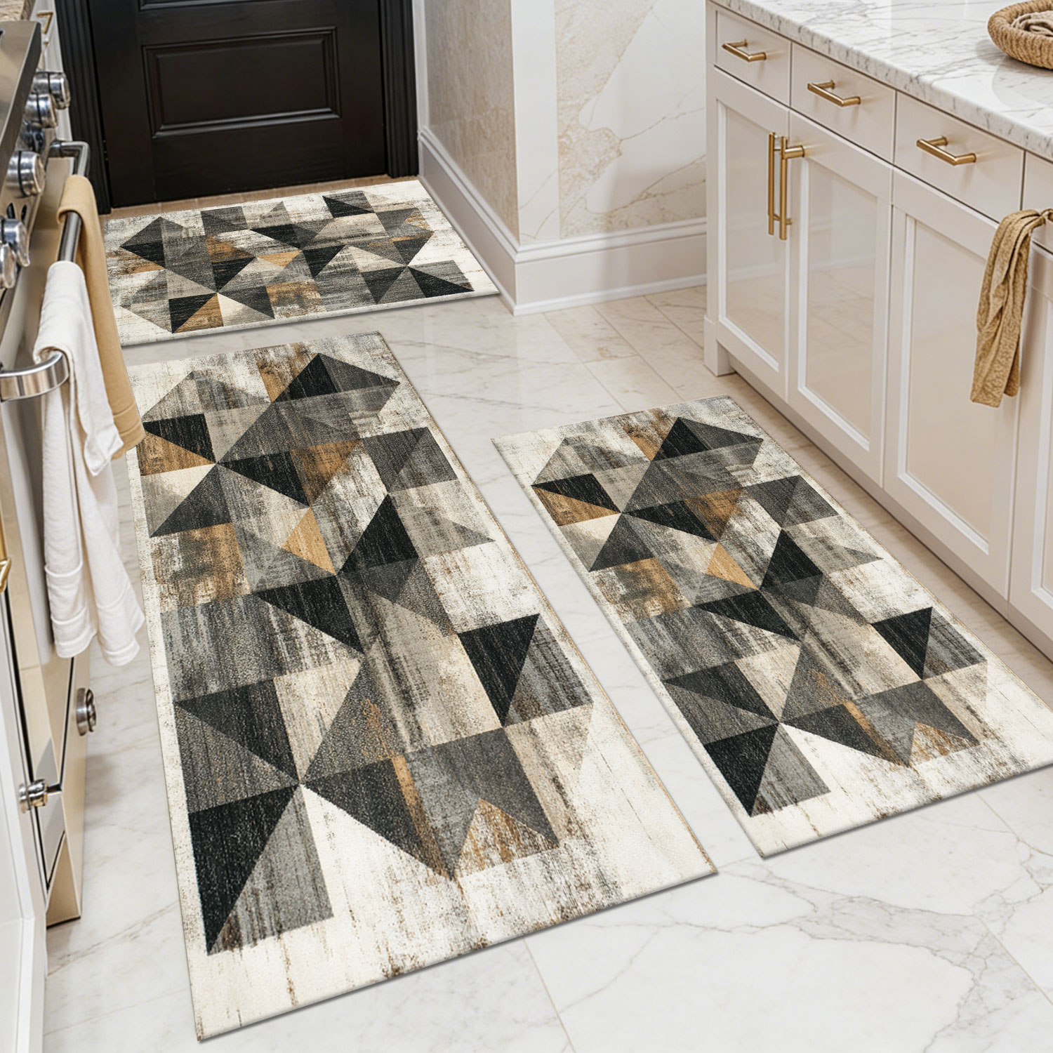 Three-piece kitchen rug set, non-slip and washable, abstract pattern kitchen hallway rug, soft and comfortable, suitable for sinks, floors, entrances, hallways and bathrooms.
