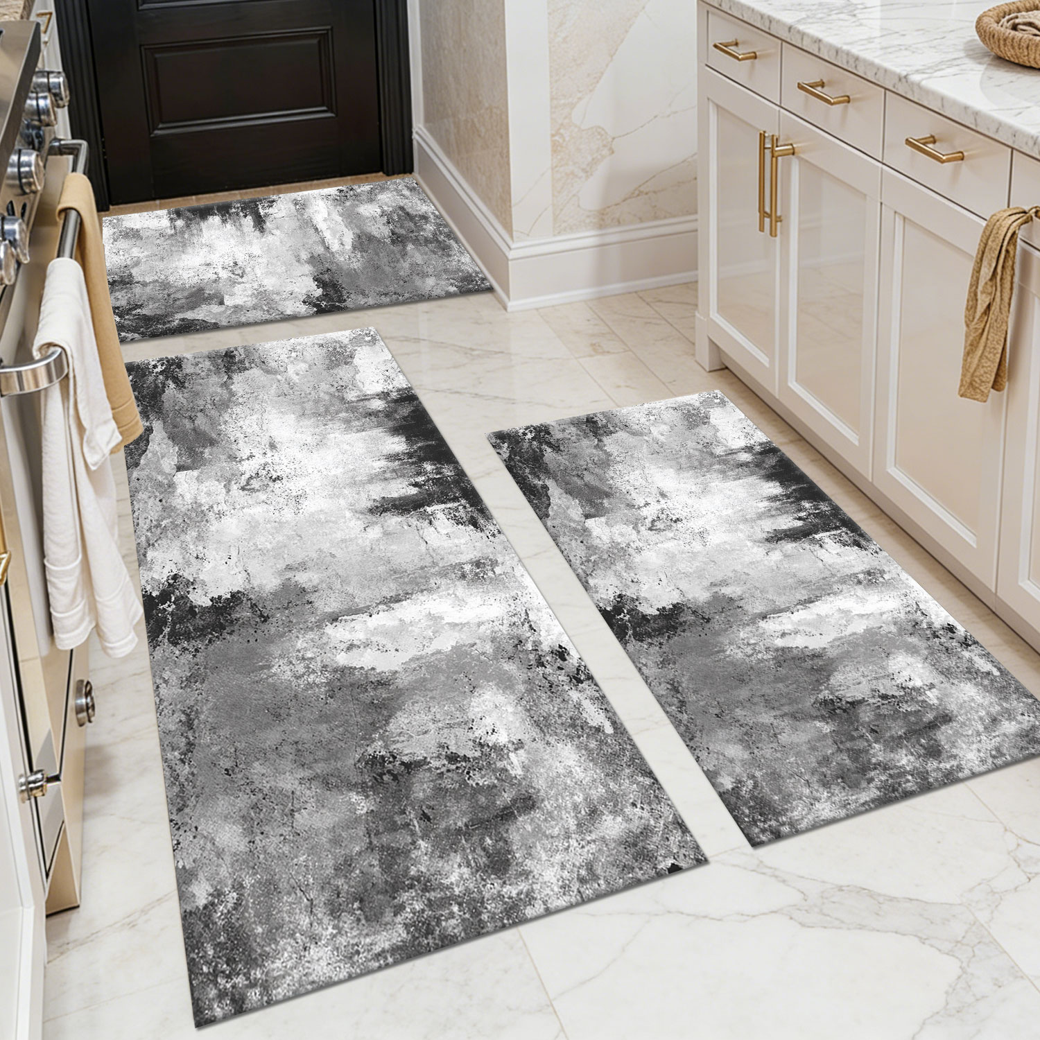 Three-piece kitchen rug set, non-slip and washable, abstract pattern kitchen hallway rug, soft and comfortable, suitable for sinks, floors, entrances, hallways and bathrooms.