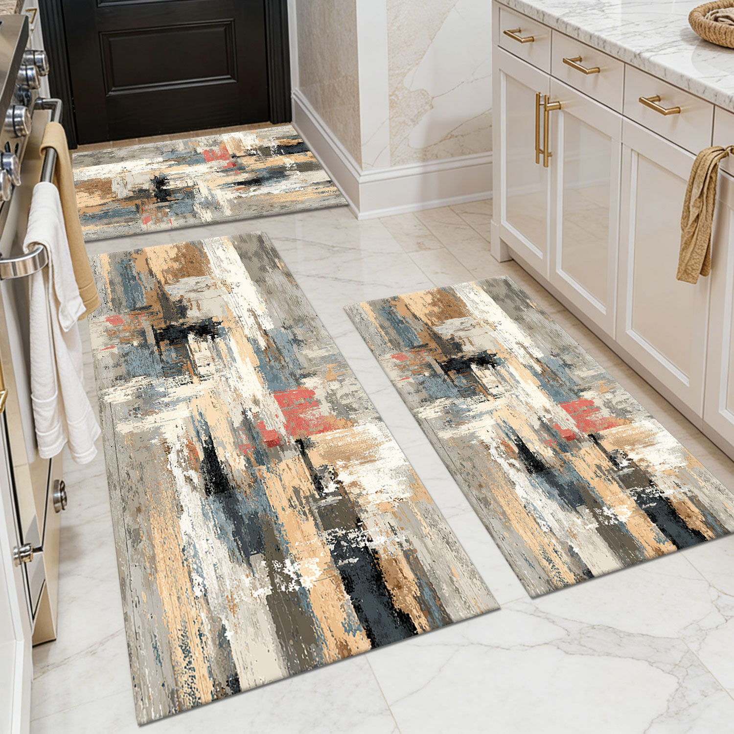 Three-piece kitchen rug set, non-slip and washable, abstract pattern kitchen hallway rug, soft and comfortable, suitable for sinks, floors, entrances, hallways and bathrooms.