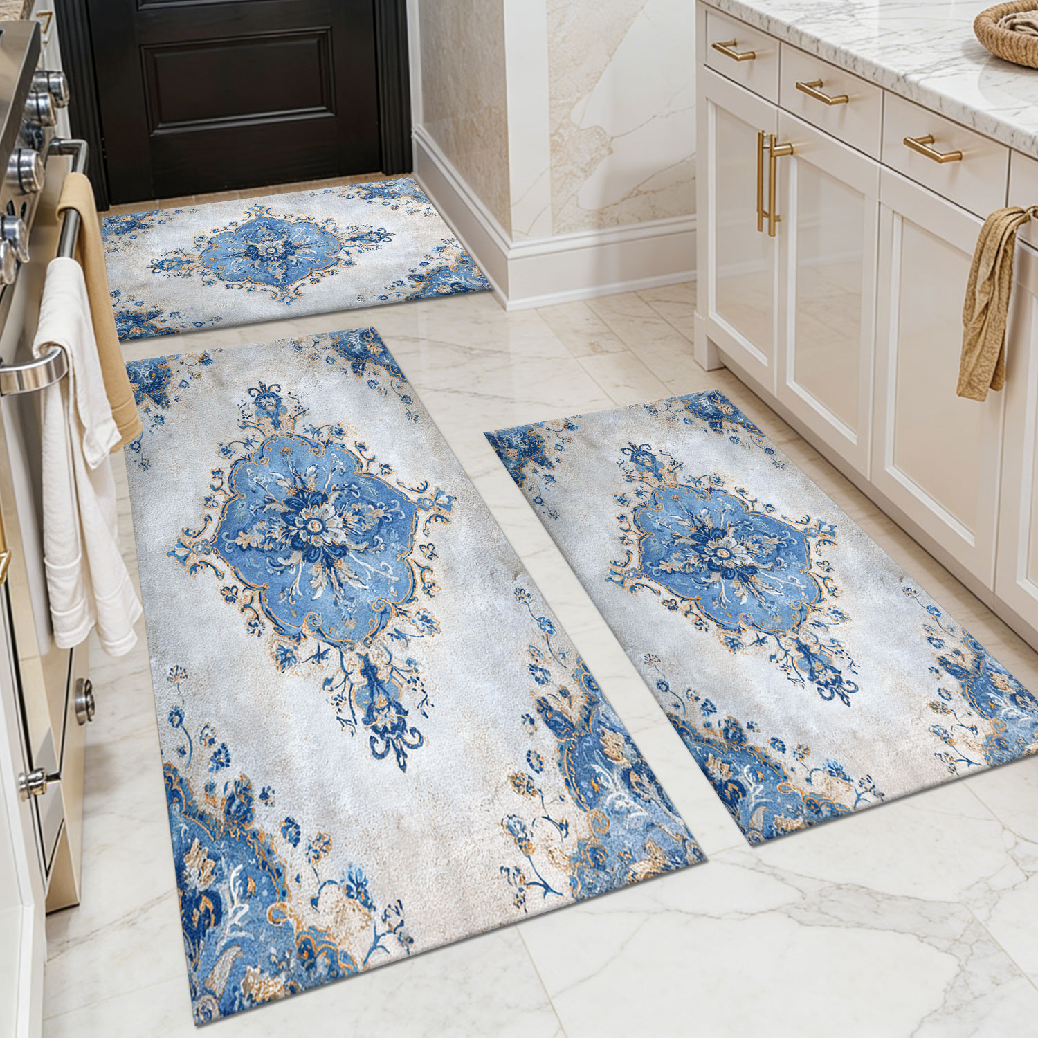 Three-piece kitchen rug set, non-slip and washable, abstract pattern kitchen hallway rug, soft and comfortable, suitable for sinks, floors, entrances, hallways and bathrooms.