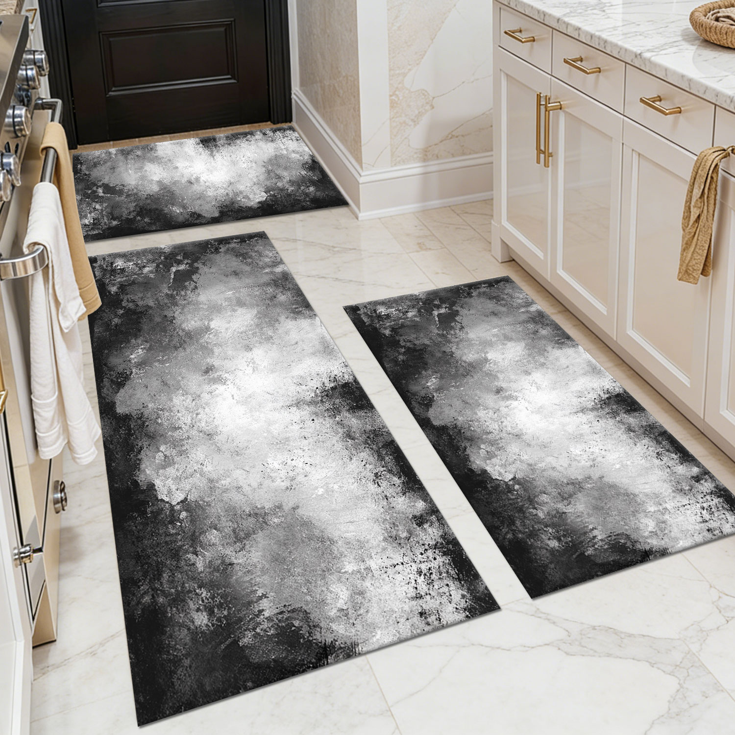 Three-piece kitchen rug set, non-slip and washable, abstract pattern kitchen hallway rug, soft and comfortable, suitable for sinks, floors, entrances, hallways and bathrooms.