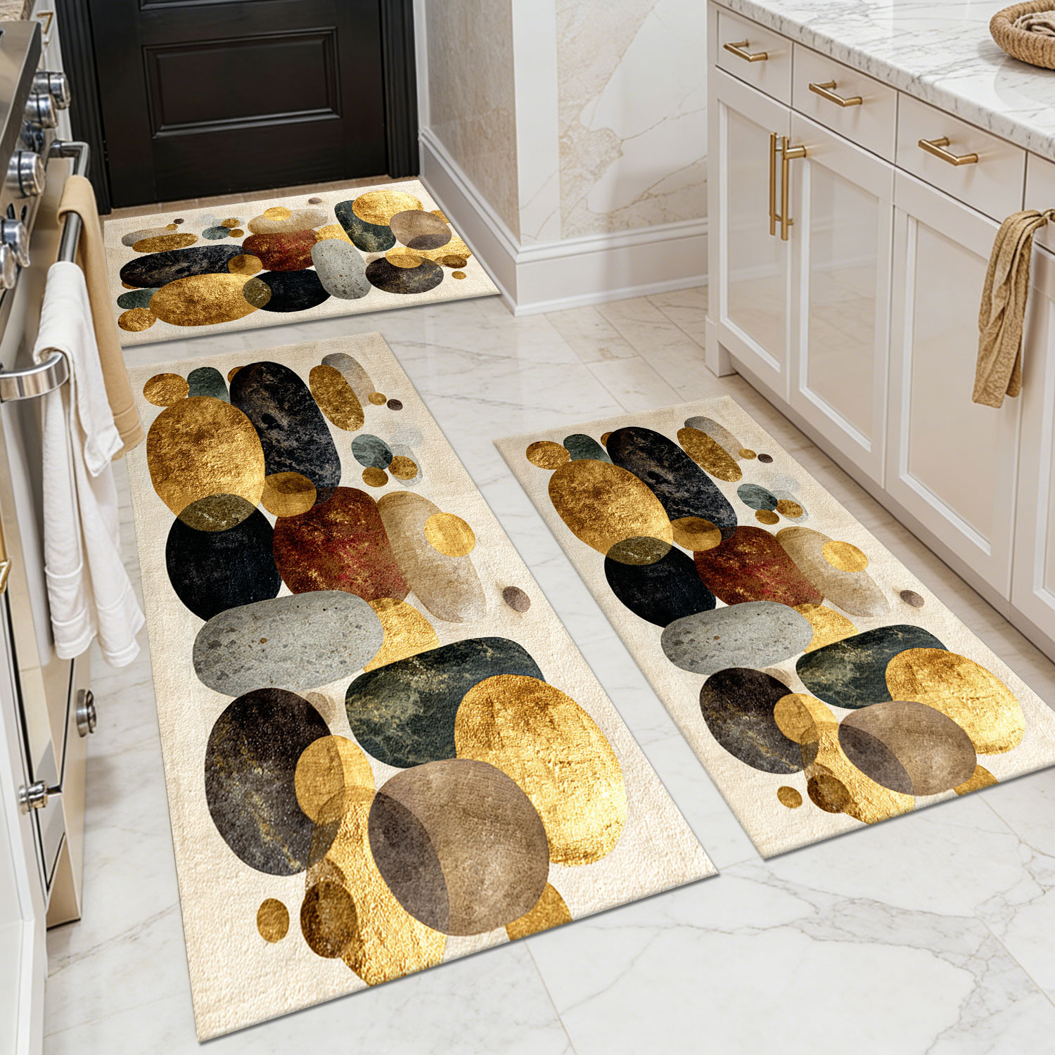 Three-piece kitchen rug set, non-slip and washable, abstract pattern kitchen hallway rug, soft and comfortable, suitable for sinks, floors, entrances, hallways and bathrooms.
