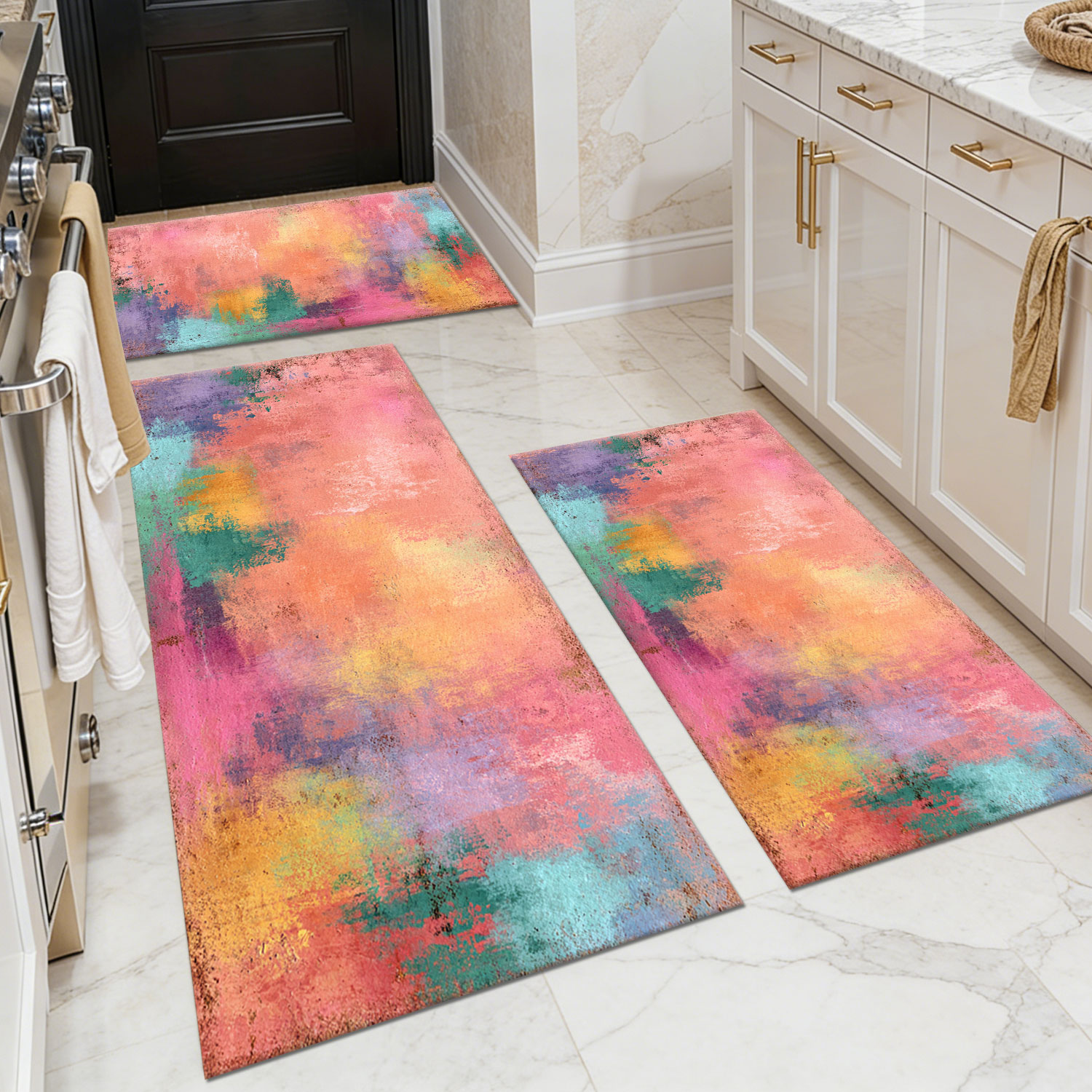 Three-piece kitchen rug set, non-slip and washable, abstract pattern kitchen hallway rug, soft and comfortable, suitable for sinks, floors, entrances, hallways and bathrooms.
