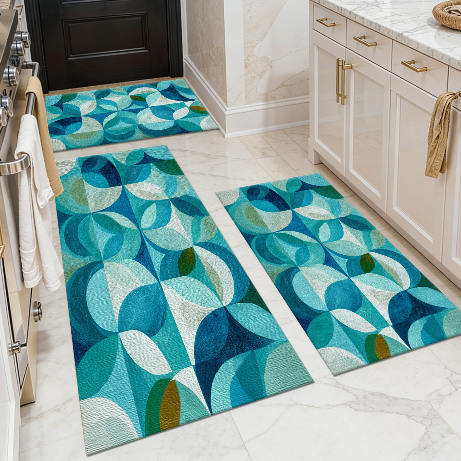 Three-piece kitchen rug set, non-slip and washable, abstract pattern kitchen hallway rug, soft and comfortable, suitable for sinks, floors, entrances, hallways and bathrooms.