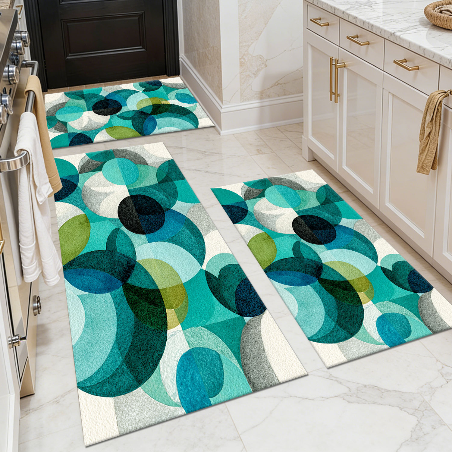 Three-piece kitchen rug set, non-slip and washable, abstract pattern kitchen hallway rug, soft and comfortable, suitable for sinks, floors, entrances, hallways and bathrooms.