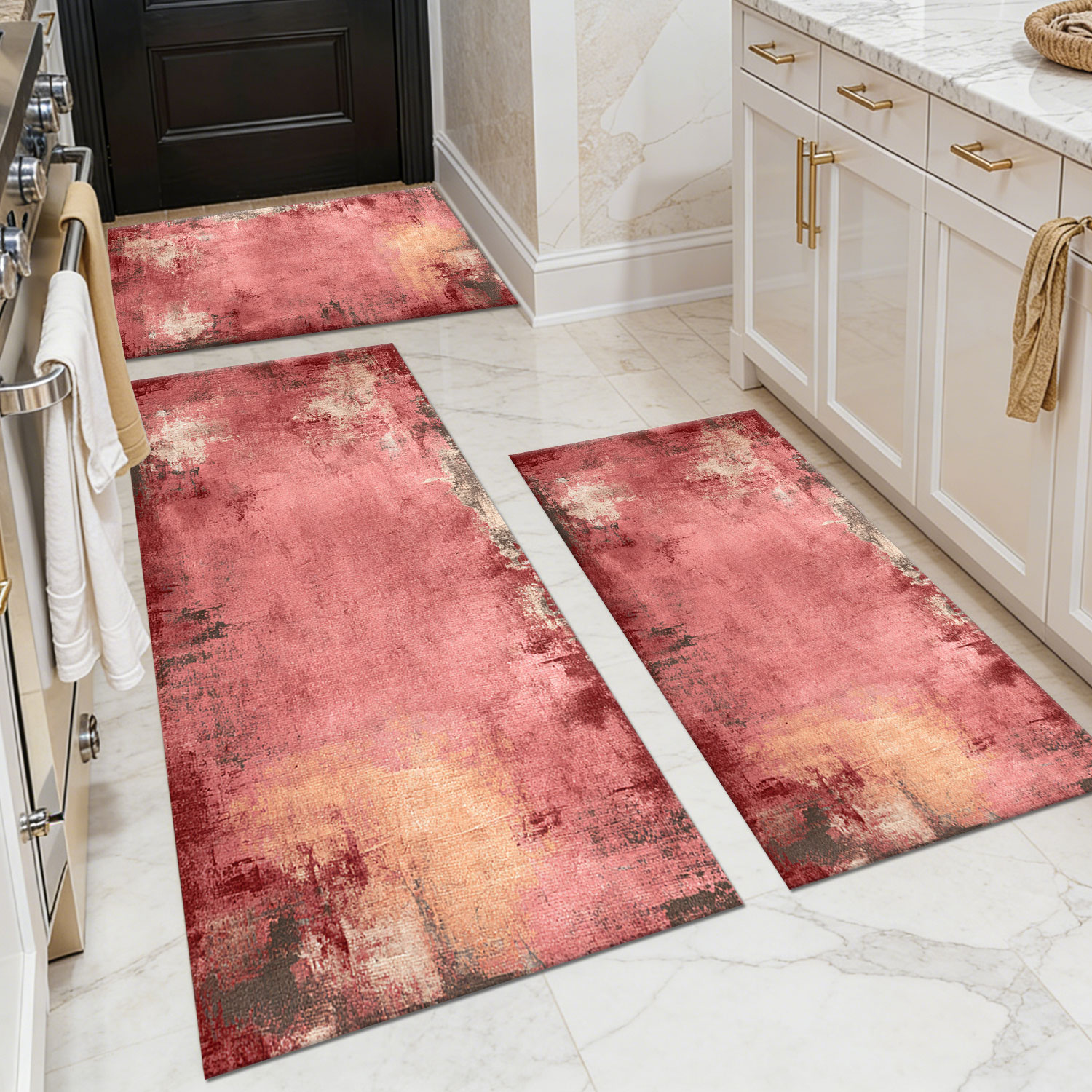 Three-piece kitchen rug set, non-slip and washable, abstract pattern kitchen hallway rug, soft and comfortable, suitable for sinks, floors, entrances, hallways and bathrooms.