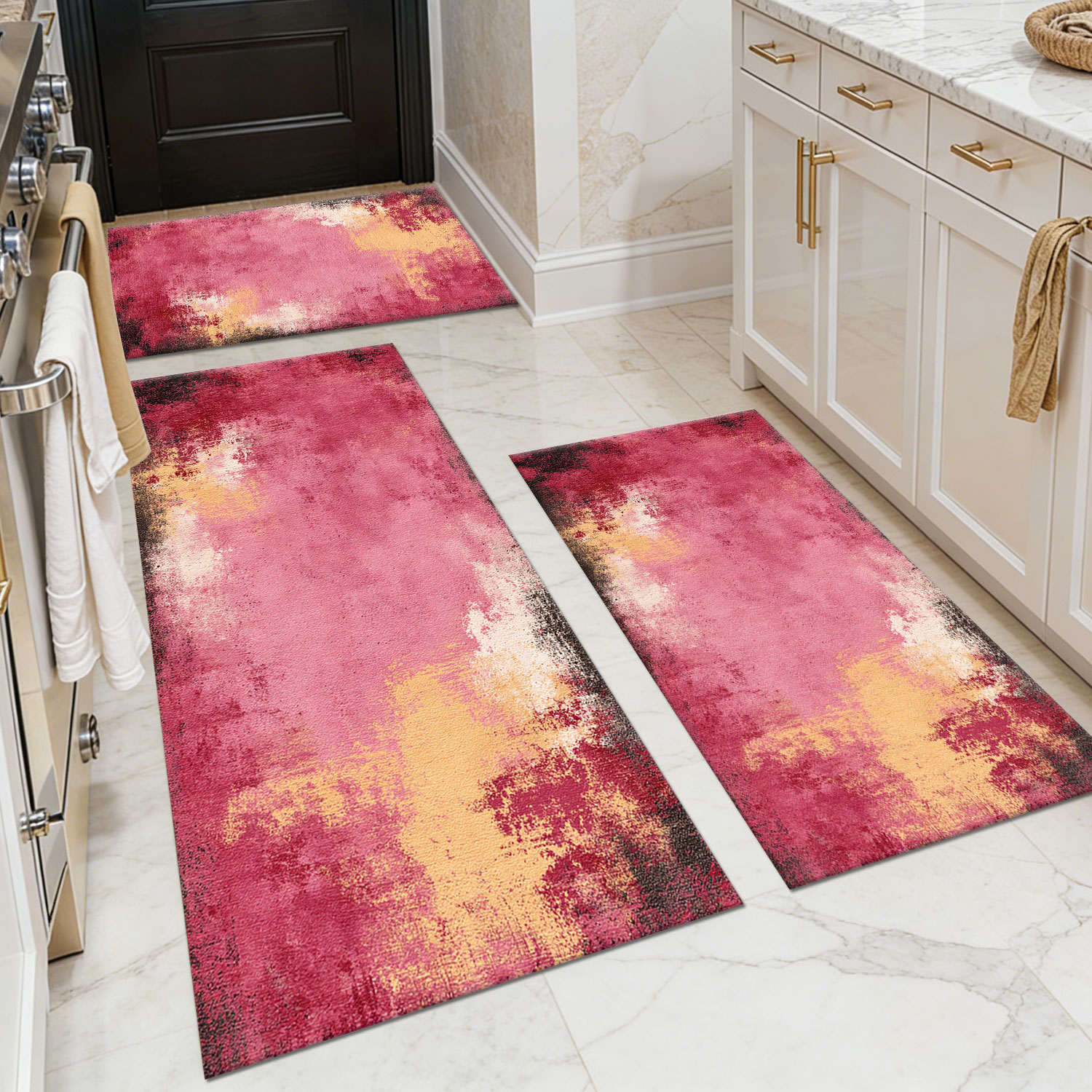 Three-piece kitchen rug set, non-slip and washable, abstract pattern kitchen hallway rug, soft and comfortable, suitable for sinks, floors, entrances, hallways and bathrooms.