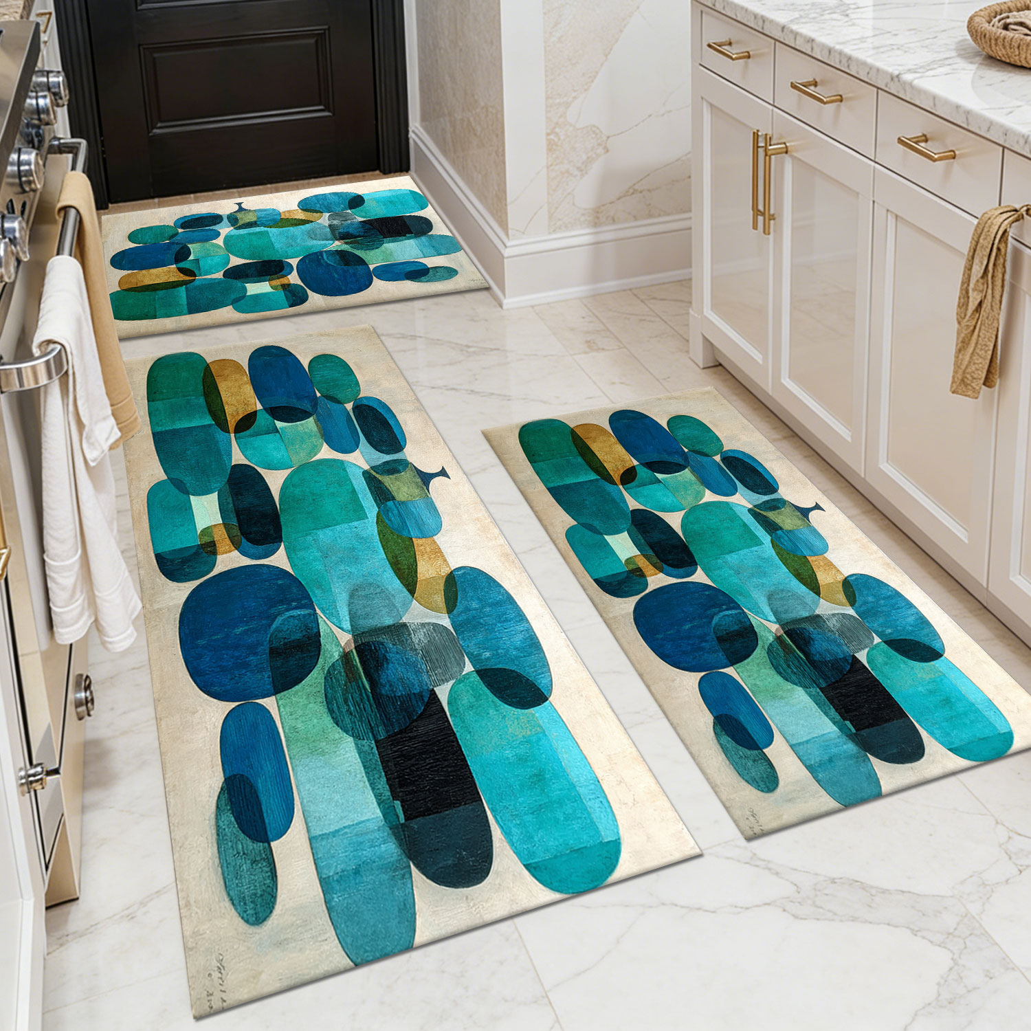 Three-piece kitchen rug set, non-slip and washable, abstract pattern kitchen hallway rug, soft and comfortable, suitable for sinks, floors, entrances, hallways and bathrooms.